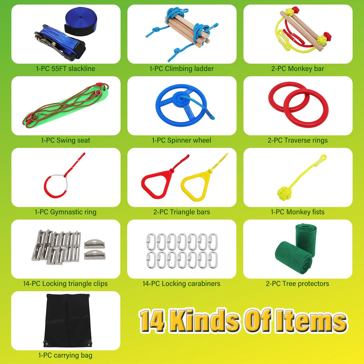 Ninja Warrior Kids Obstacle Course - 55 FT Durable Slackline with 8 Obstacles - Fun and Challenging Outdoor Course for Active Kids 3+ Years Old FAHKNS