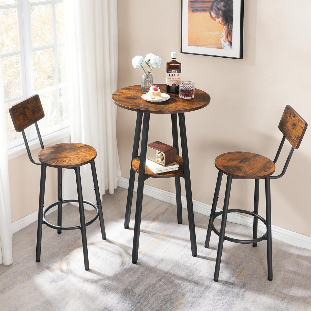 HOOBRO 3 Pieces Round Bar Height Table and Chairs Set, Round Dining Table Set, Pub Table and Chairs for Small Space, 2 Tier Kitchen Table and Bar Stools with Back, Rustic Brown BF35BT01 HOOBRO