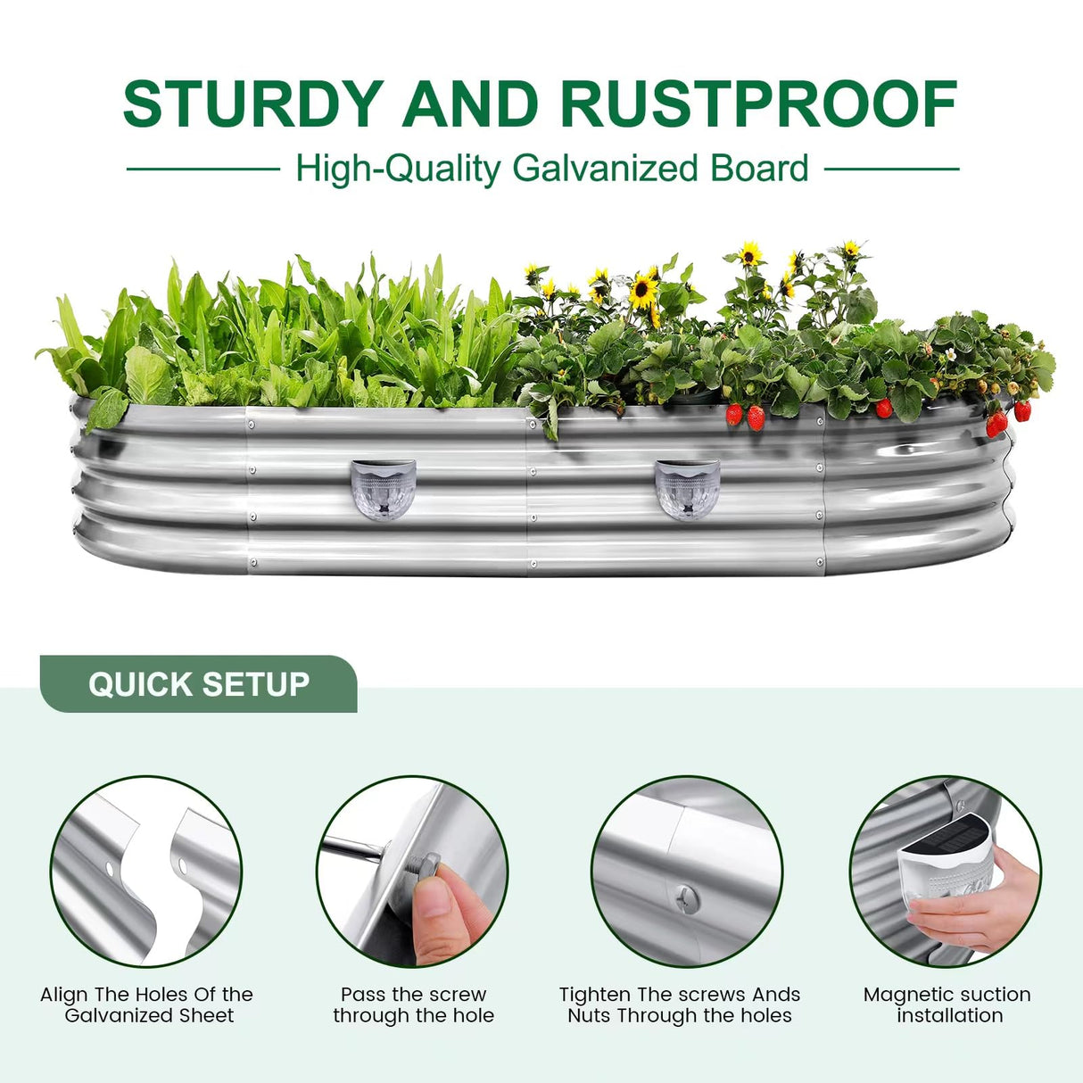 Land Guard Galvanized Raised Garden Beds Outdoor with 2 Magnetic Solar-Powered Lights(Grey), Metal Planter Raised Beds, 4×2×1Ft Metal Raised Garden Beds for Gardening, Vegetables, Flowers Land Guard