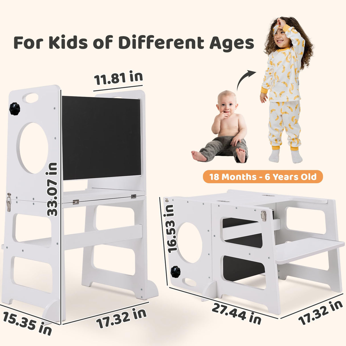 White Toddler Tower Step Stool for Kids Kitchen Stool Helper Toddler Standing Tower Foldable Toddler Table Kids Table and Chair Set 4 in 1 Montessori Helper Tower SHWWQUE