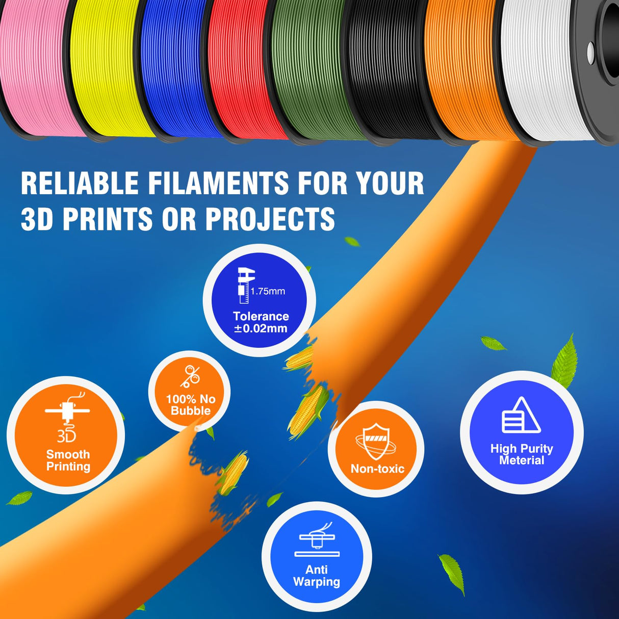 JAYO Rapid PLA 3D Printer Filament Bundle 2KG, High Speed PLA Filament 1.75mm 50mm/s - 600mm/s Print Range, 8 Pack 250g Spool Filament (Black, White, Blue, Red, Pink, Orange, Yellow, Olive Green) JAYO