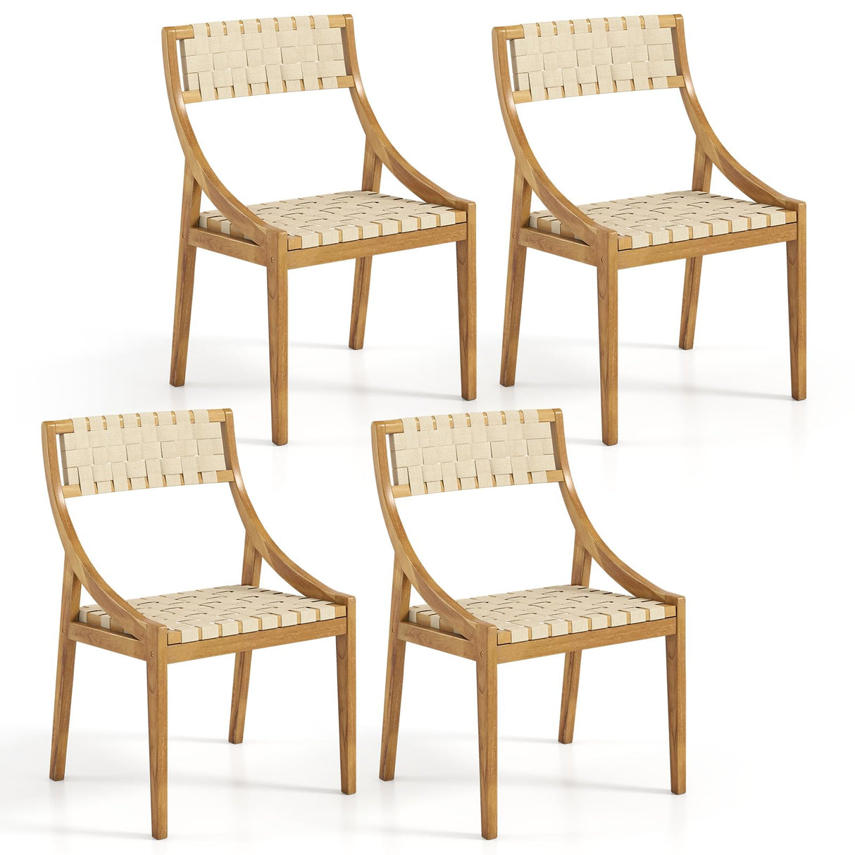 Tangkula Outdoor Dining Chair Set of 4, Teak Wood Armless Patio Chair w/Webbing Seat & Backrest, Mid Century Wooden Chair for Dining Room, Porch, Backyard, Lawn, Garden, Deck (Natural,4) Tangkula