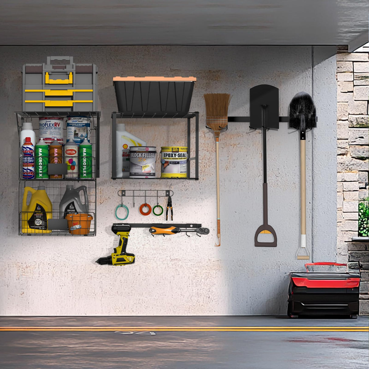 ALIESTFDNO Garage Shelves Wall Mount with Wire baskets, 8-IN-1 Heavy Duty Garage Wall Shelving with Garden Tool Rack 2pack & 6pcs Hooks, Wire Shelf Baskets Tool Shelves for Home Garage Garden Storage ALIESTFDNO