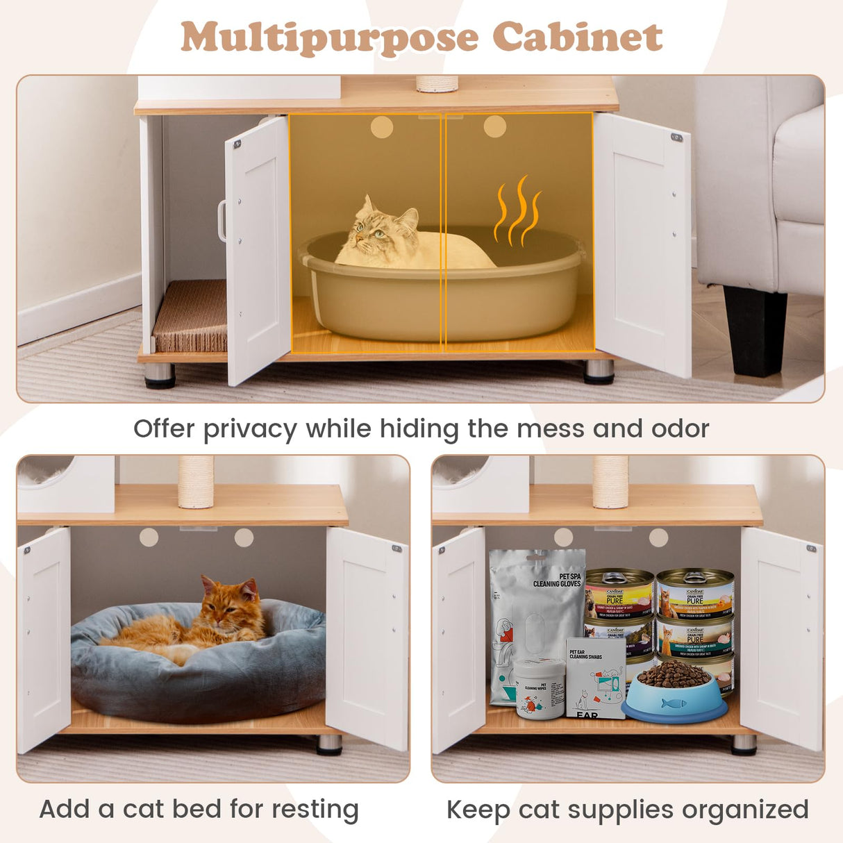 Tangkula Cat Tree with Litter Box Enclosure, 2-in-1 Cat Tower with Condo, Sisal Scratching Posts, Hanging Rope, Dangling Balls, Scratching Pad, Hidden Litter Box Furniture for Indoor Cats (White) Tangkula