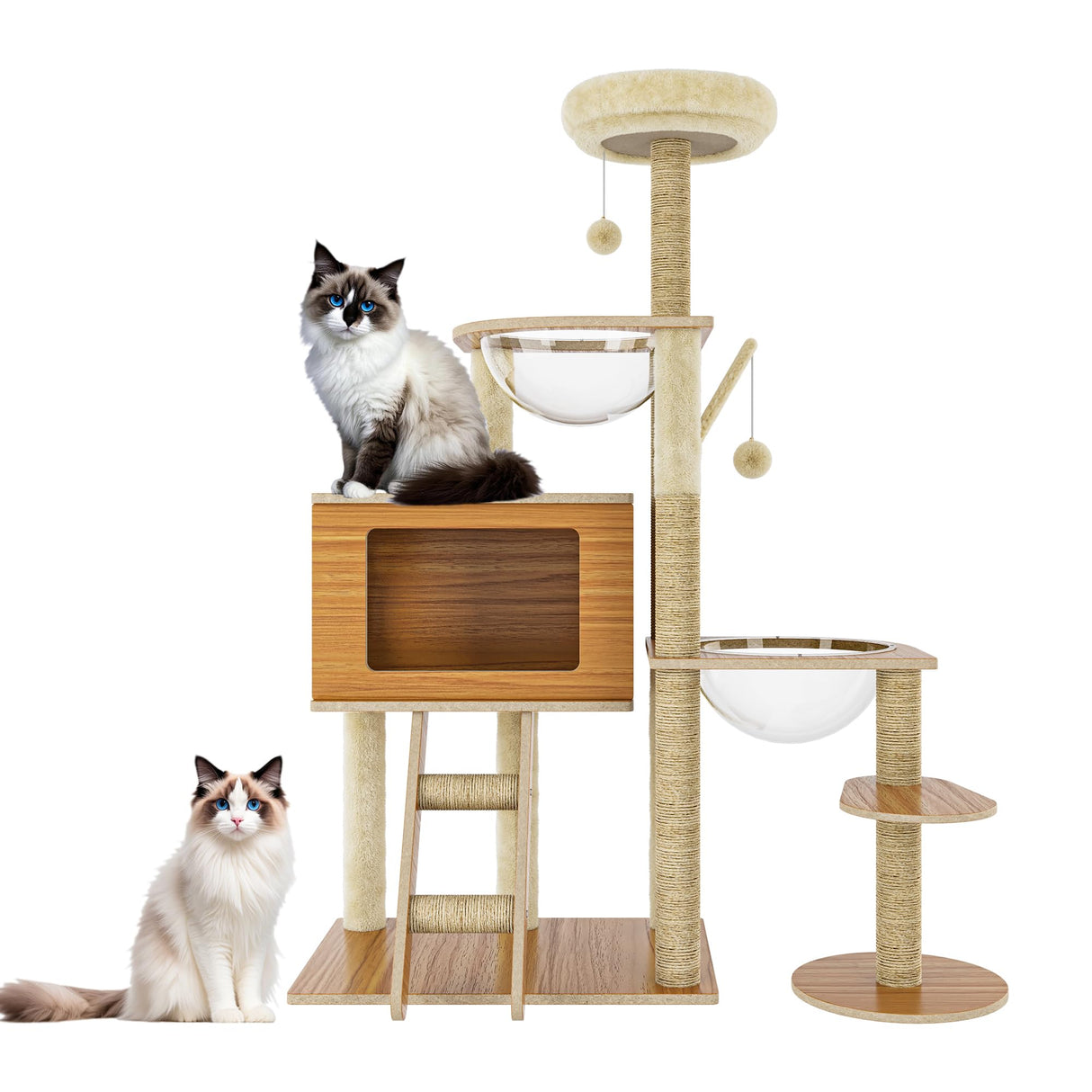 55'' Wood Cat Tree Modern Multi-Level Cat Tree Tower for Indoor Small & Large Cats with 2 Space Capsules Sisal Scratching Post Wooden Cat Condo Plush Top Perch and Dangling Toy Balls OUTGOODS
