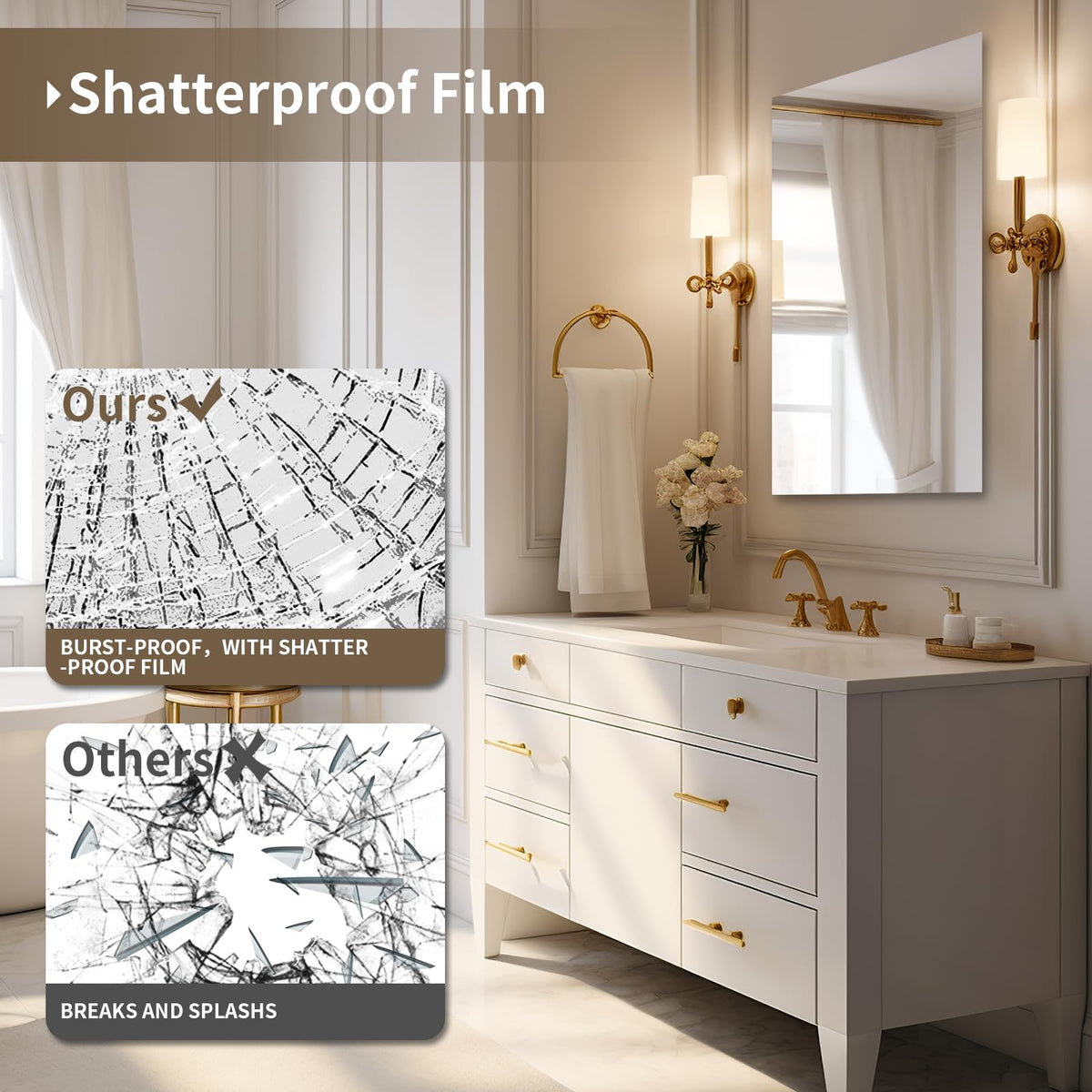Mirrorons Large Vanity Mirror 72" x 36", Bathroom Vanity Mirror with Frameless Polished Edge, Hangs Horizontally or Vertically. Upgraded Shatterproof Bathroom Mirrors for Wall. Mirrorons