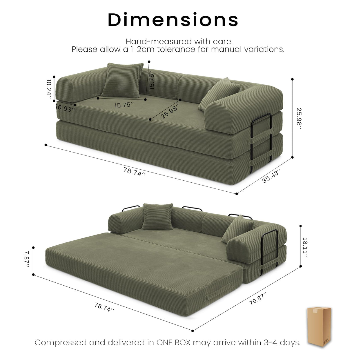 KSTNLUXQ Compression Sofa - 79'' Convertible Sofa Bed, Boneless Couch in a Box, Modular Corduroy Foldable Sleeper Sofa with 2 Pillows, Loveseat Couches for Living Room (Corduroy Fabric, Green) KSTNLUXQ