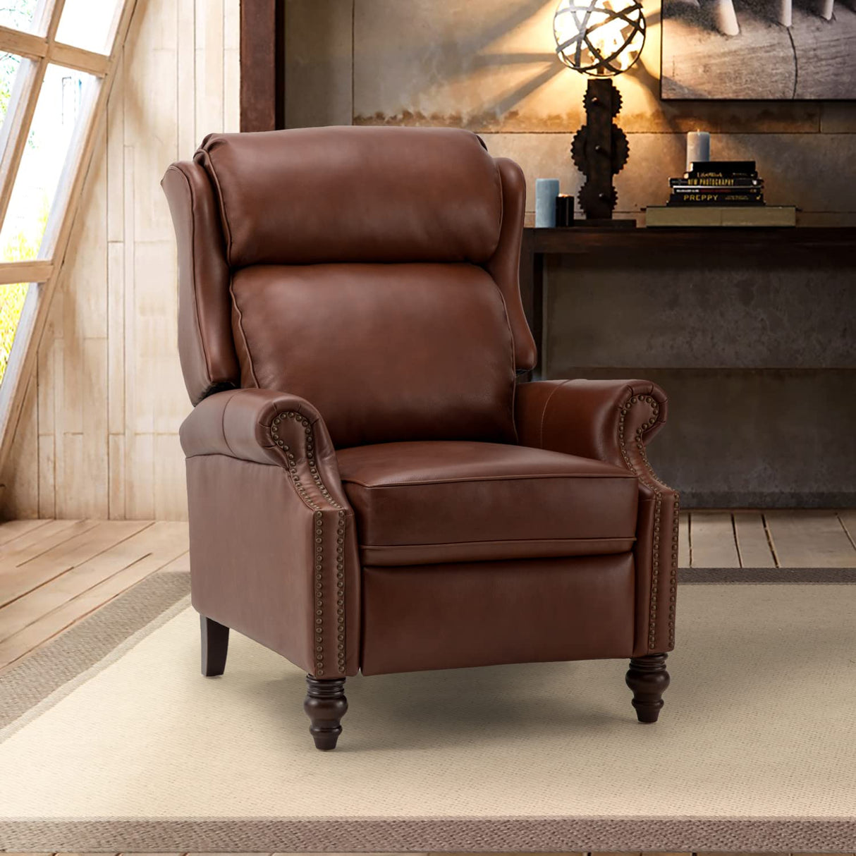 HULALA HOME Genuine Leather Recliner Chair, Traditional Manual Pushback Comfy Seating for Living Room, Thick Cushion & Solid Wood Legs, Wingback Recliner with Nailhead Trim, Brown HULALA HOME