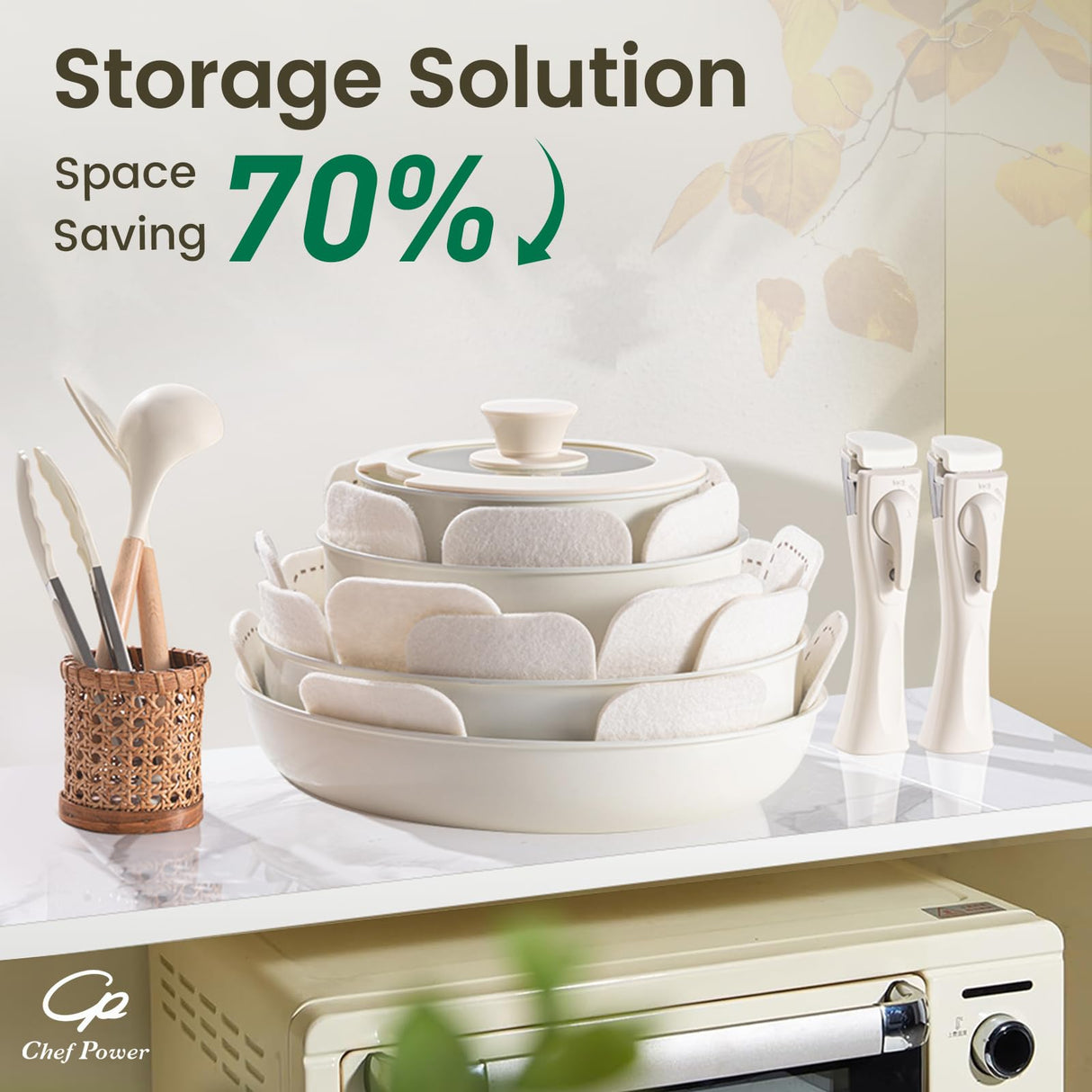 Chef Power Ceramic Cookware Set Non Toxic with Detachable Handles, Healthy Nonstick Pans and Pots Set 19 Pcs, Induction Dishwasher Oven Safe Kitchen Set, PFAS PFOA & PTFE Free, Cream White Chef Power