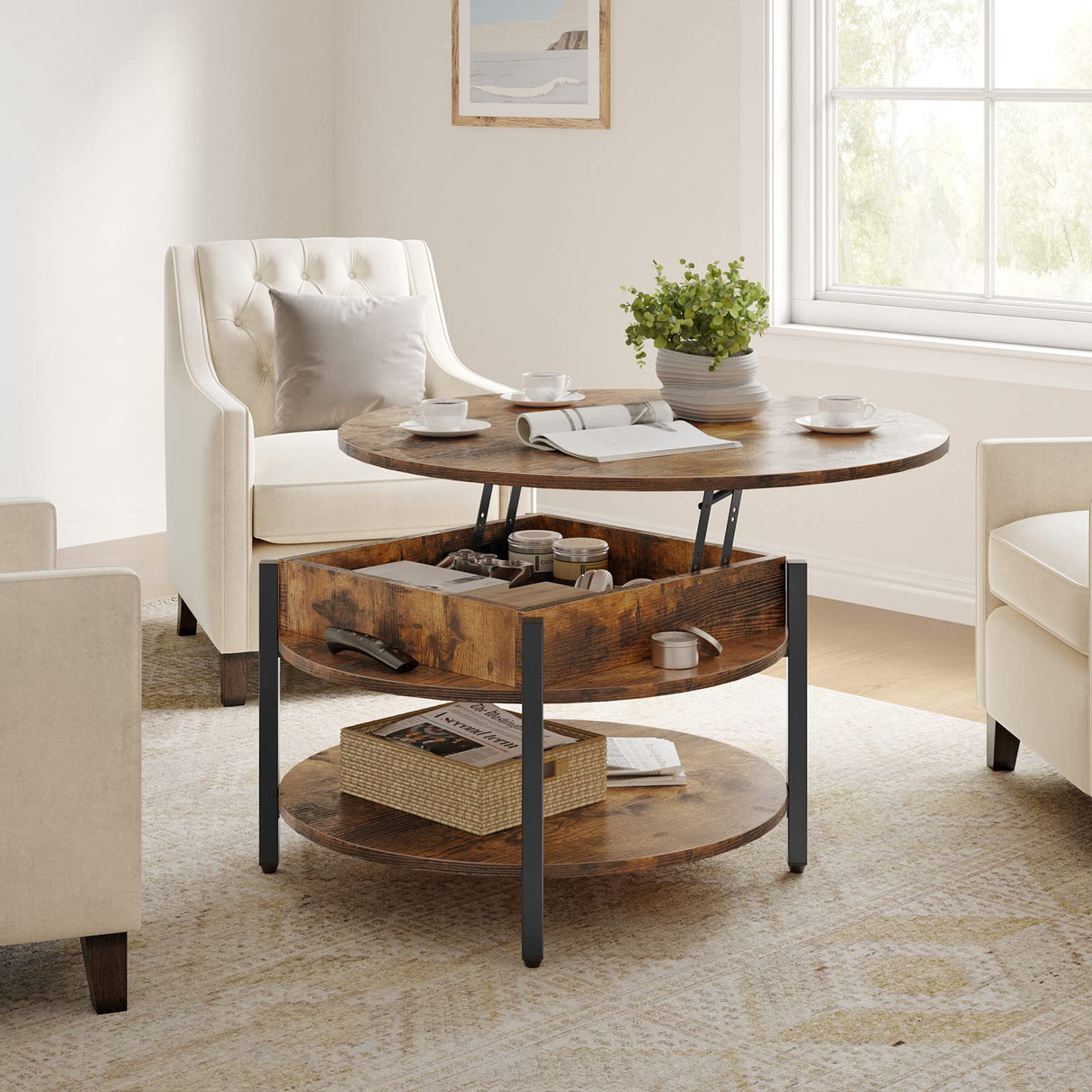 FABATO Round Lift Top Coffee Table for Living Room, 35.43'' Round Coffee Table with Storage and Hidden Compartment, 2 Tier Large Farmhouse Coffee Table Round Dining Table, Rustic Brown FABATO