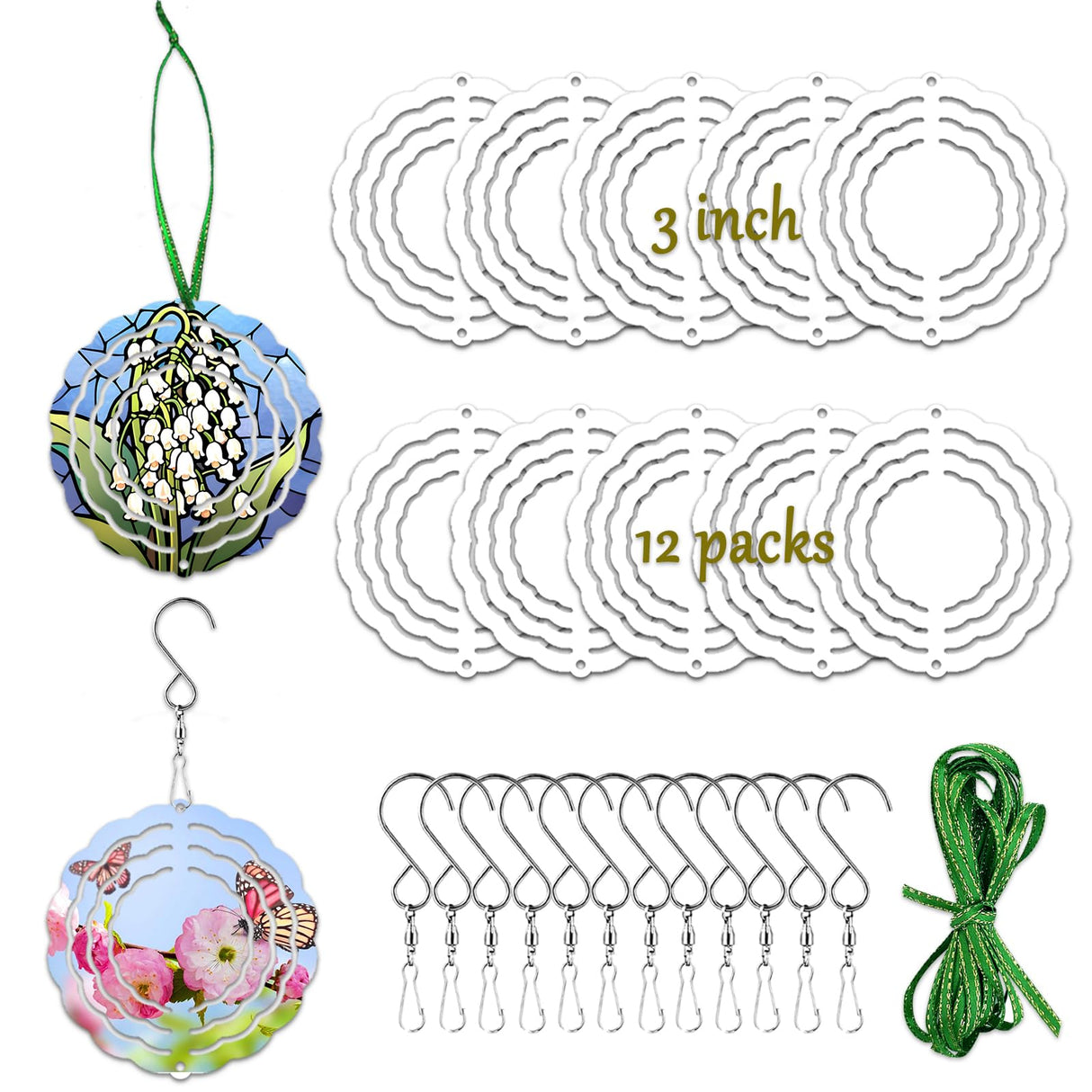 WindMage 12 Pack 3inch Sublimation Wind Spinner Blanks 3D Aluminum Metal Wind Sculpture Kinetic Spinners for Yard Garden Indoor Art Ornaments Xmas Hanging Decoration (Classics) WindMage