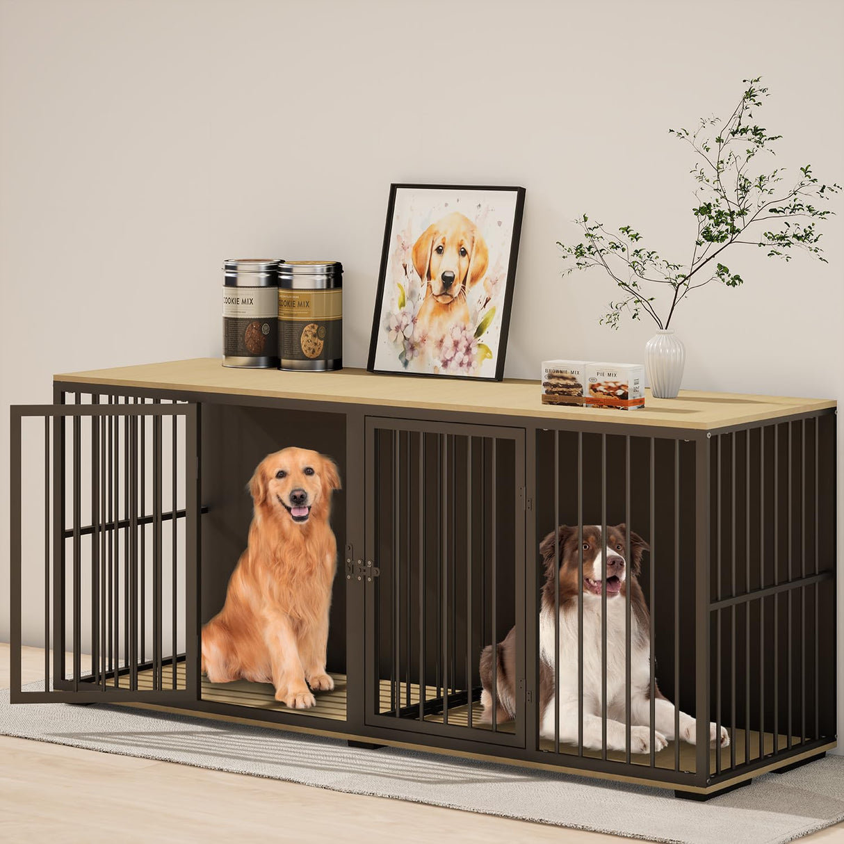 EBE Dog Crate Furniture, 71.6'' Metal Steel Frame Double Dog Kennel with 2 Rooms and Removable Divider, Heavy Duty Dog Crate Table Indoor TV Stand for Small Medium Large Dogs Black EBE