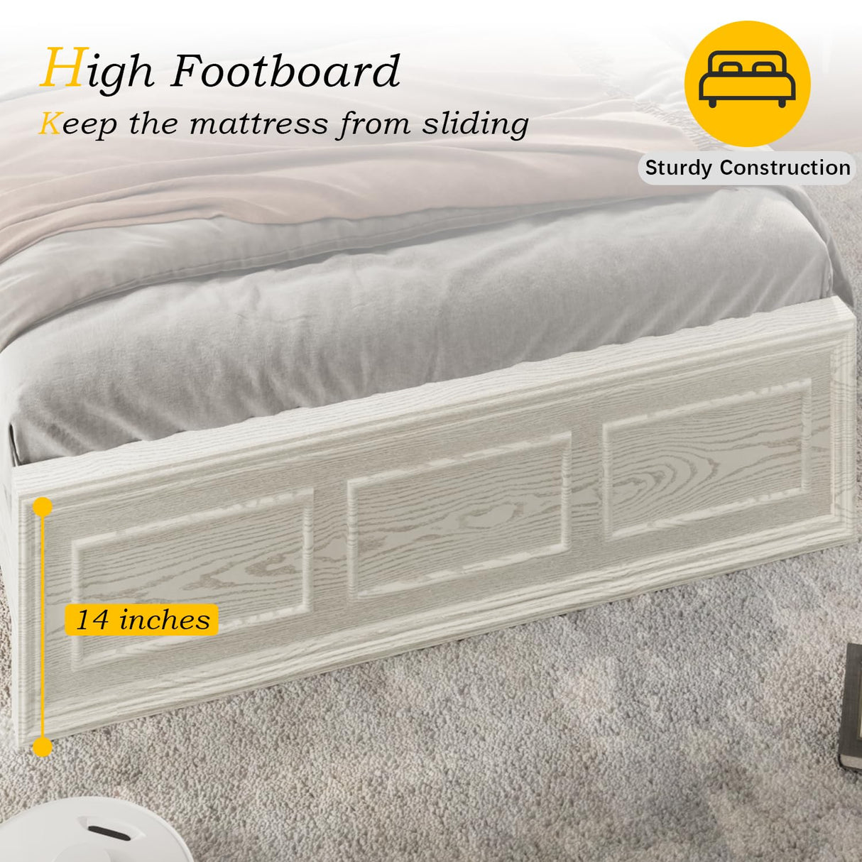 Incyneva Farmhouse Platform Full Bed Frame Wood with Adjustable Headboard, LED Light and Charging Station, No Box Spring Needed, Noise Free, Geometric Design & Antique White Incyneva