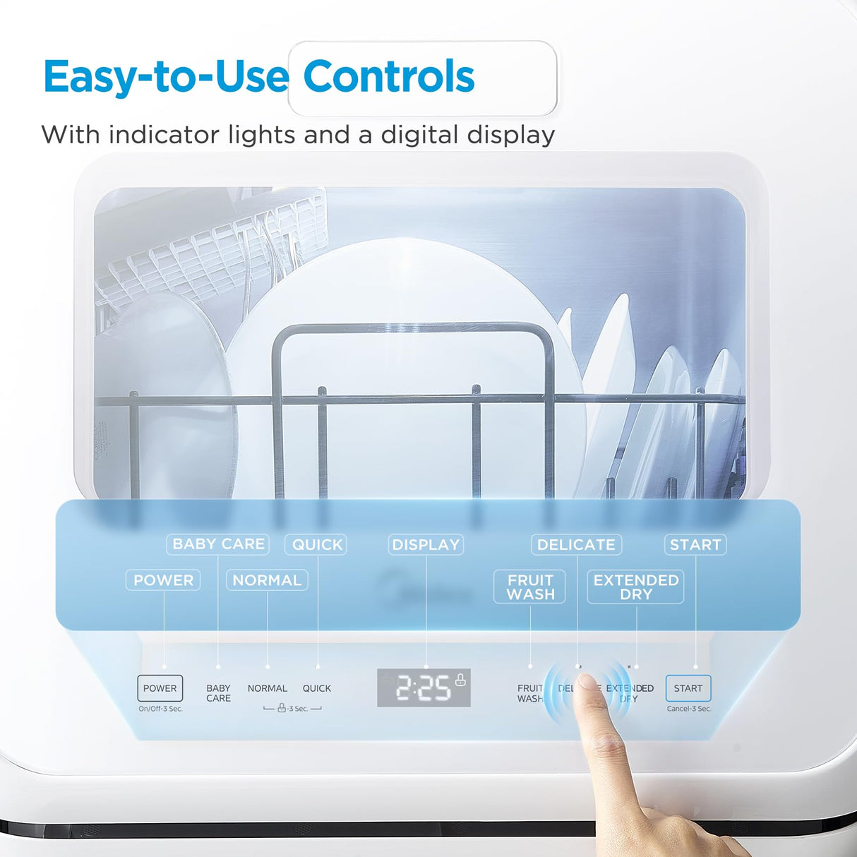 Midea MDC17P4CWW Portable Countertop Mini 5L Built-in Water Tank, No Hookup Needed, 360° Dual Spray,High-Temp steam wash, Dishwasher for Apartments& RVs, White Midea