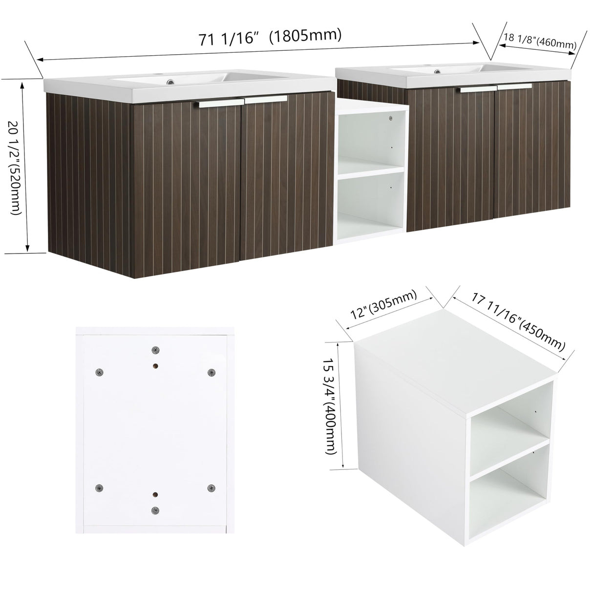 Lunanniu 71" Floating Bathroom Vanity with Double Sink Top Combo Set Ceramic Dual Basin Plywood Construction Soft Close Door Open Shelf Storage Cabinet Wall Mount Silver-Brown Stripe Lunanniu