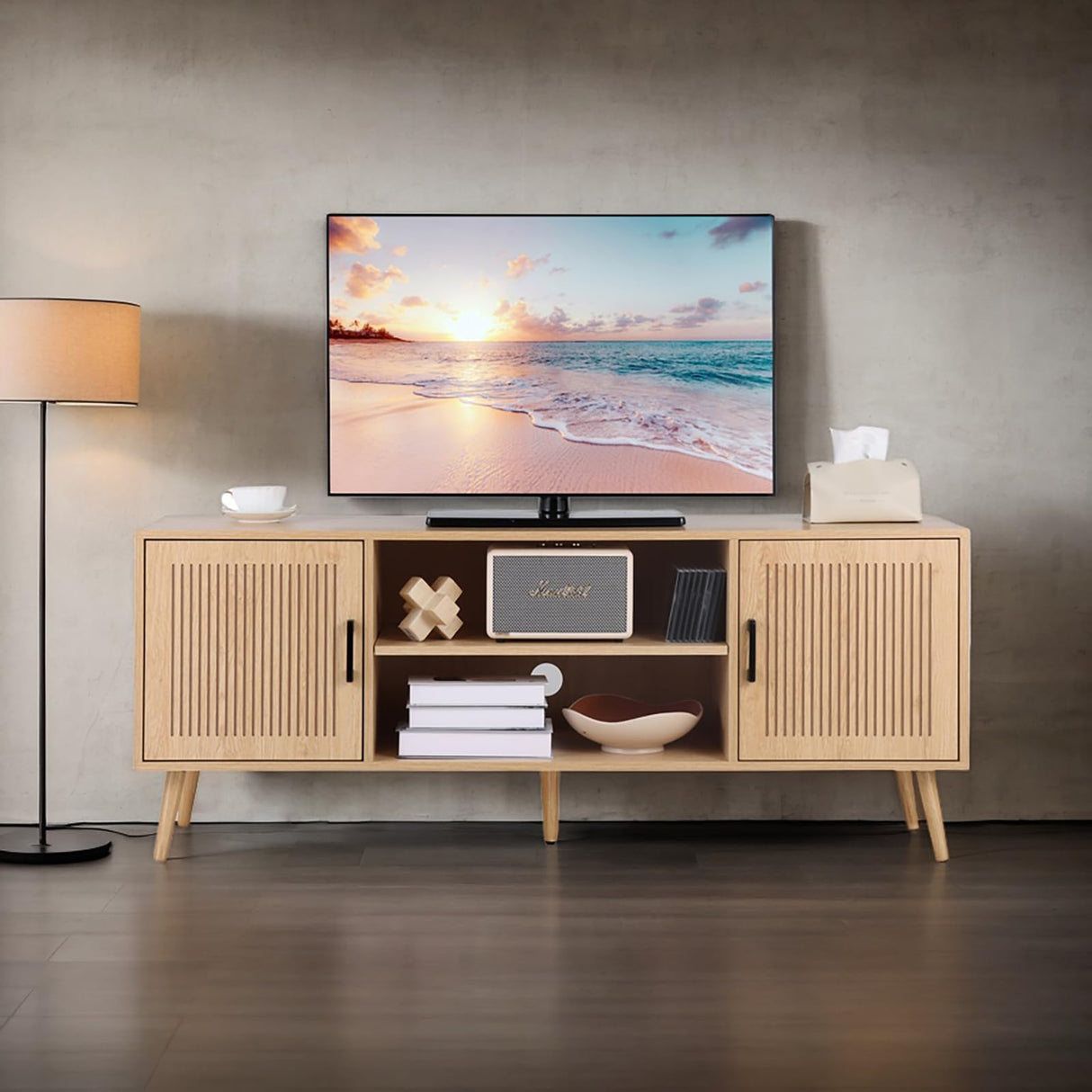 Modern TV Stand for 65 Inch TV, Entertainment Center with 2 Storage Cabinets and Adjustable Shelf, Solid Wood Feet, 4 Cord Holes, Groove Wave Media TV Console Table for Living Room Bedroom (Natural) Generic