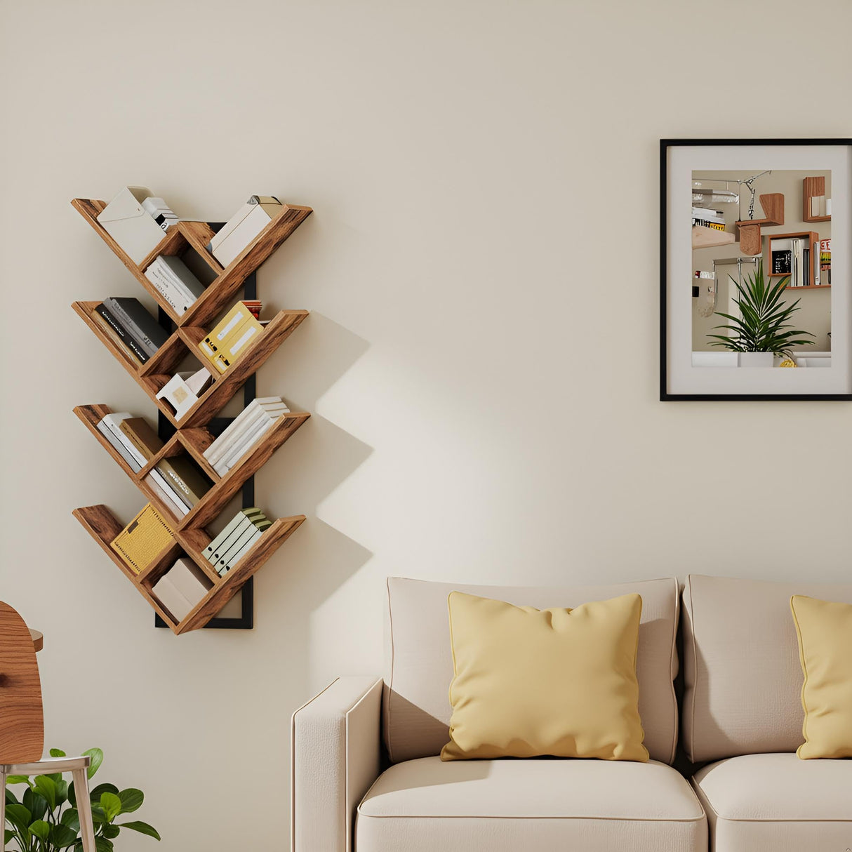 HOOBRO Floating Shelves for Wall, Set of 2 Wall Mounted Shelves, 2-Tier Wooden Tree Bookshelf, Hanging Shelves Storage Rack, for Living Room, Kitchen, Office, Rustic Brown and Black BF54BJP201 HOOBRO