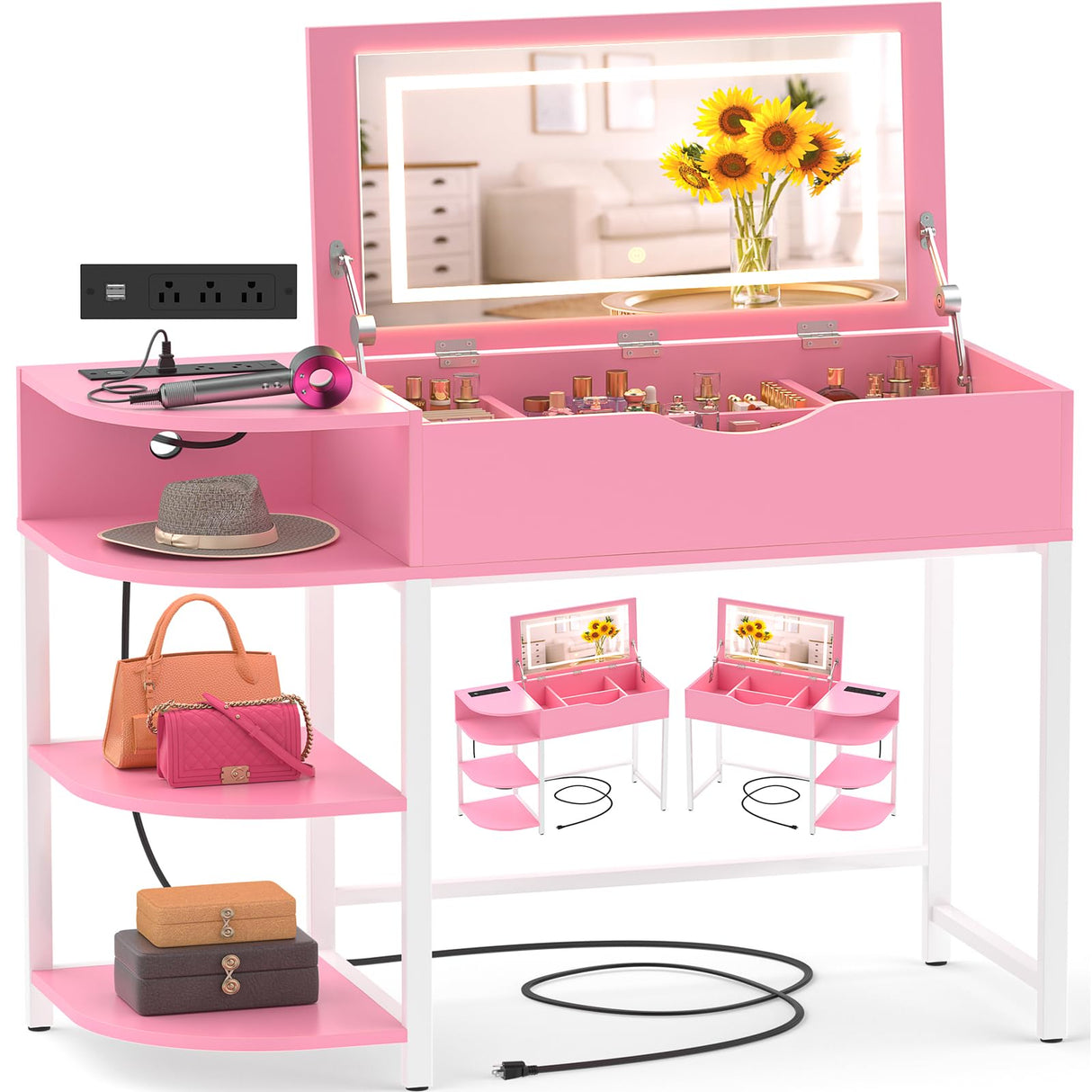 Cyclysio Vanity Desk with Flip Top Mirror and Lights, Makeup Vanity Desk with Drawers, Dressing Table with Storage Shelves & Charging Station, Small Vanity for Small Spaces, Pink Cyclysio