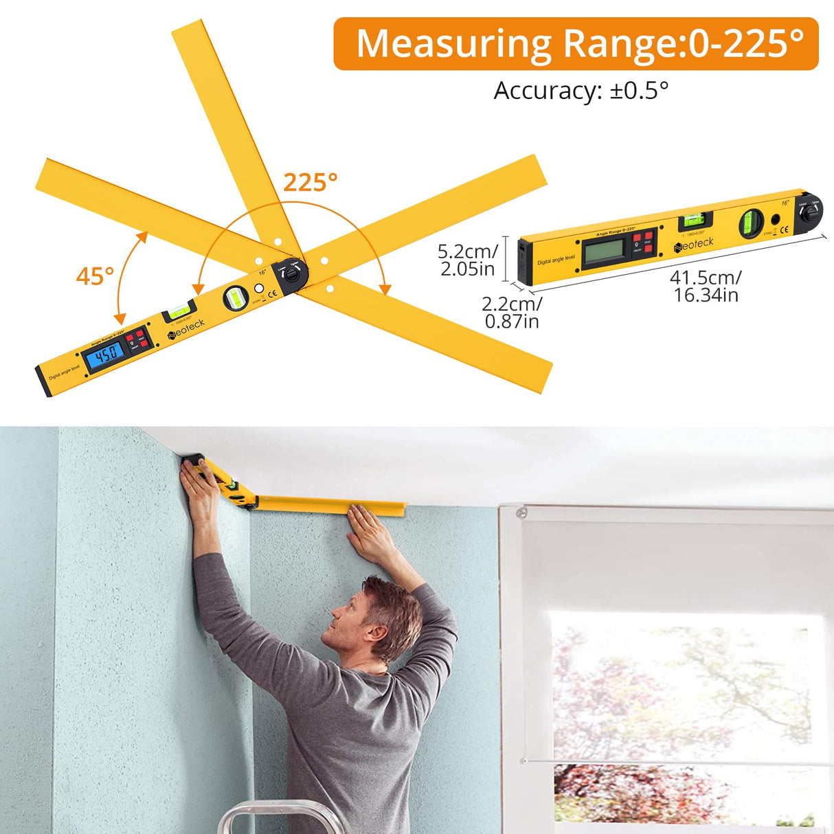Neoteck 225° 16 inch Digital Angle Finder Aluminum Protractor with LCD Backlight Digital Angle Measuring Tool with Horizontal and Vertical Bubble for Woodworking, Construction, Machinery - Golden Neoteck