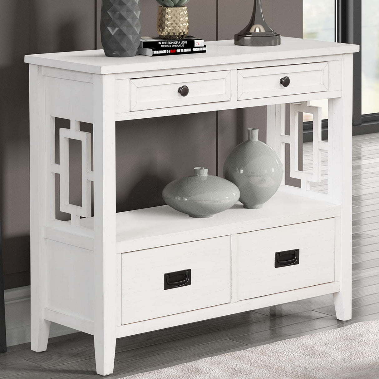 SPOFLYINN 36 Inch Farmhouse Console Table with 4 Drawers 1 Storage Shelf Pine Wood Entryway Table for Living Room Bedroom Hallway Kitchen White One Size SPOFLYINN