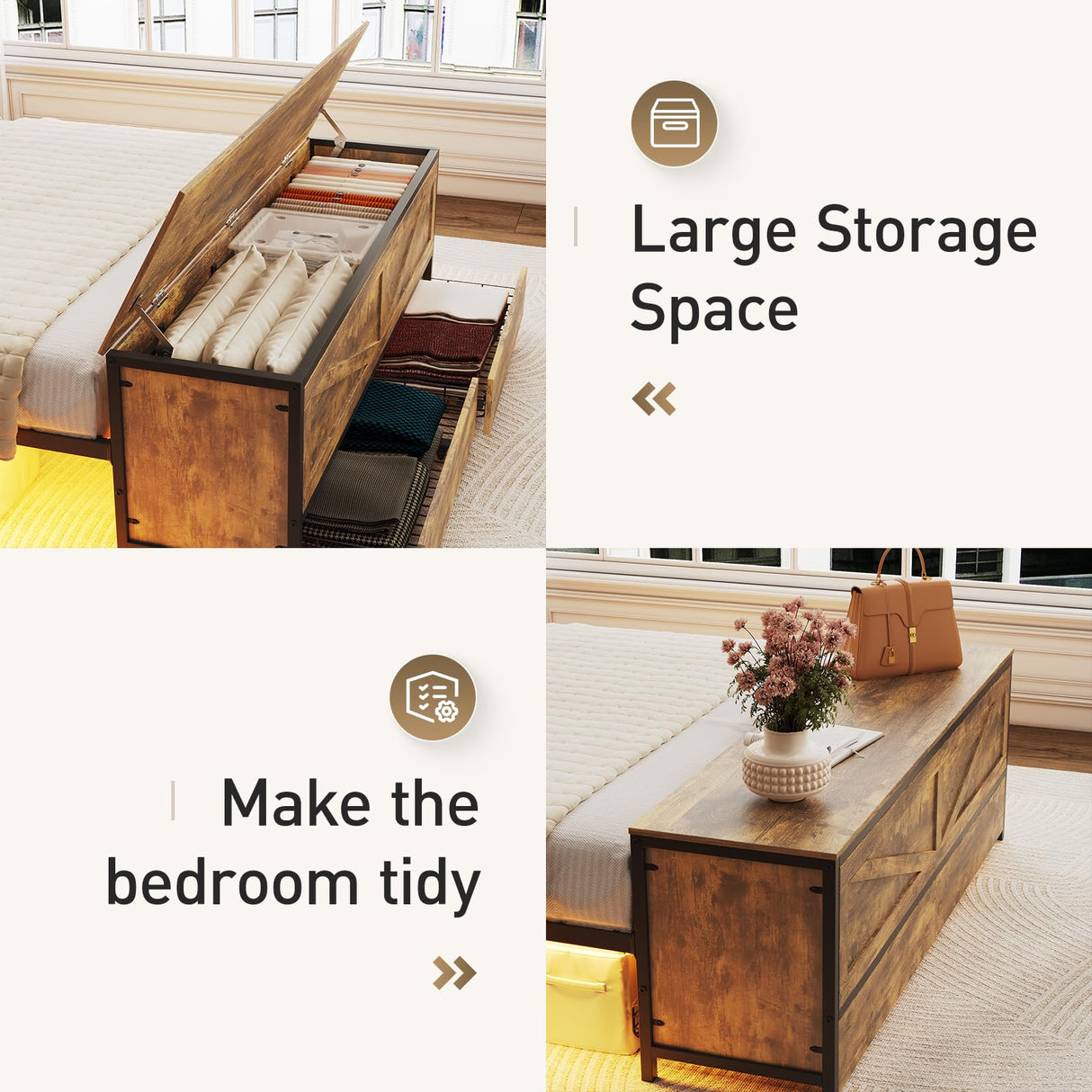 Fameill Full Size Bed Frame with Storage Ottoman and 2 Drawers, Farmhouse Metal Platform Bed with Headboard, LED Lights and Charging Station, No Box Spring Needed, Noise Free, Brown Fameill