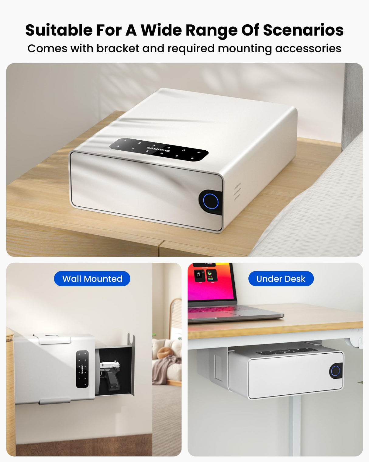 EAMIRUO Small Handgun Safe for Pistol Unlock with Fingerprint/Keypad/Key/App, Slide-Away Gun Lock Box Biometric Pistol Safe for Nightstand Bedside (White) EAMIRUO