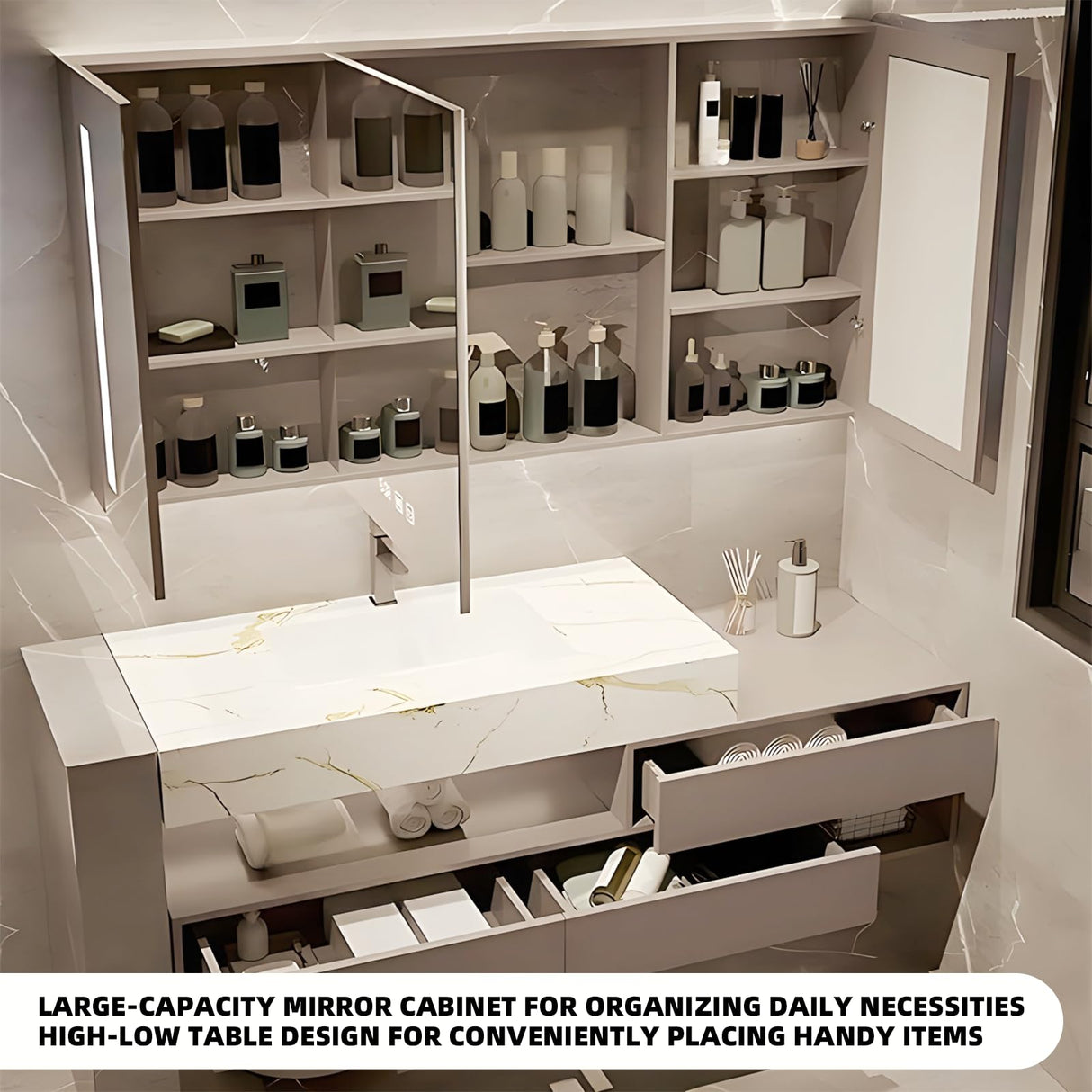 LUTHXAY Bathroom Vanity Set, Floating Bathroom Vanity with Single Sink, Solid Wood Bathroom Vanity Includes Smart Anti-Fog Mirror & Integrated Sink & Countertop, Large Capacity Mirror Cabinet (36IN) LUTHXAY