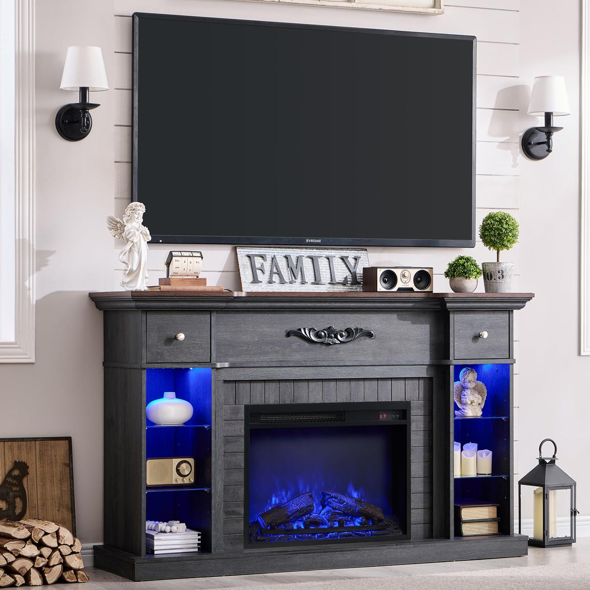 IFBUY 54" Farmhouse Electric Fireplace with Mantel, 33" Tall LED Fireplace TV Stand w/7 Lighting Colors, 23'' Freestanding Electric Fireplace Heater, Open Adjustable Shelves & Drawers, Grey IFBUY