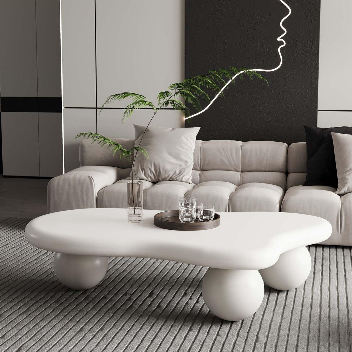 47" Modern White Coffee Table Cloud Shape Low Center Table Cute Irregular Indoor Tea Table with 3 Ball Legs for Living Room Small Space FGXJY