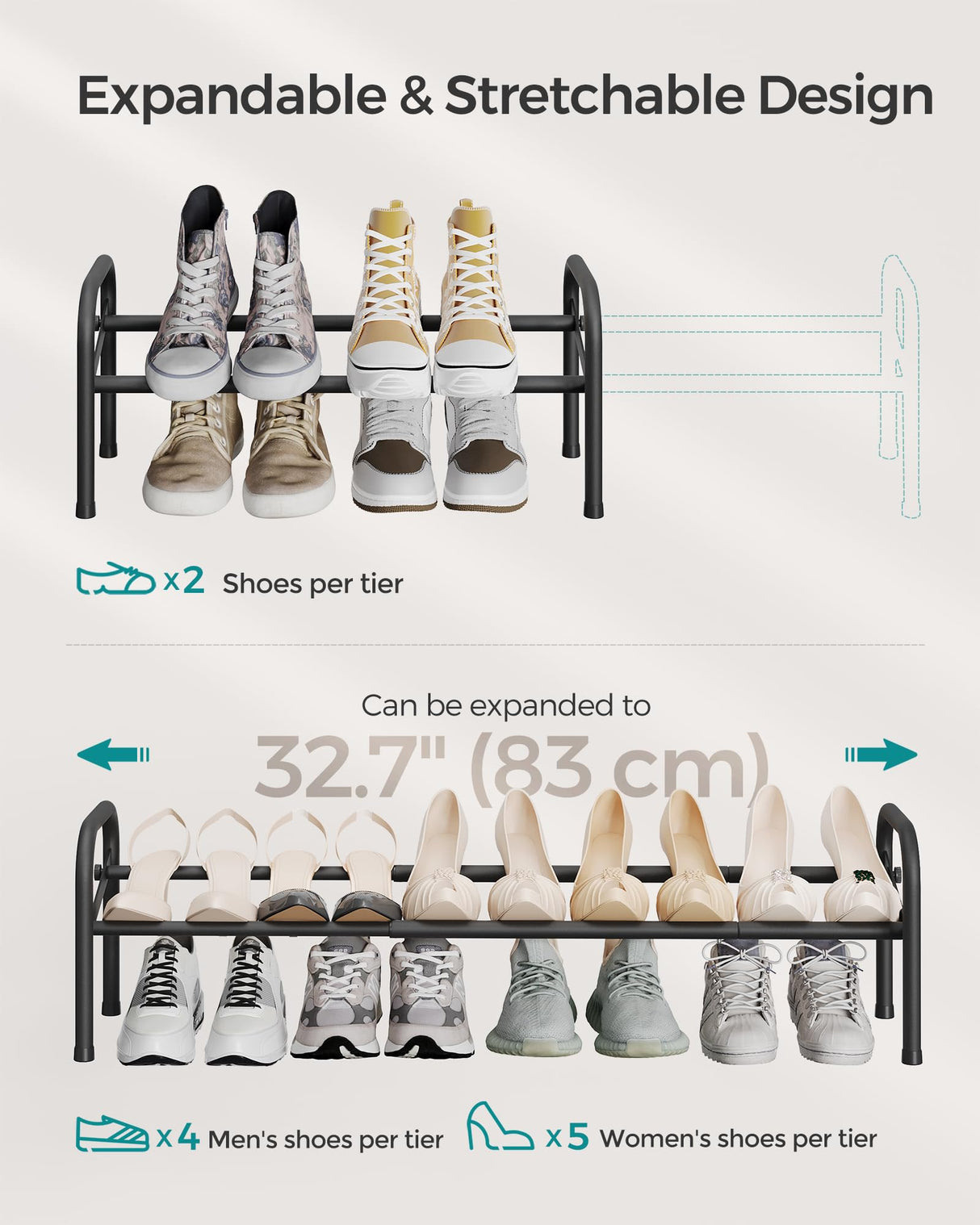 SONGMICS Expandable Shoe Rack, 1 Tier Shoe Rack Shelf, Adjustable Shoe Organizer Storage for 10 Pairs of Shoes, Metal Free Standing Shoe Racks for Closet, Front Door Entryway, Easy Assembly, Ink Black SONGMICS