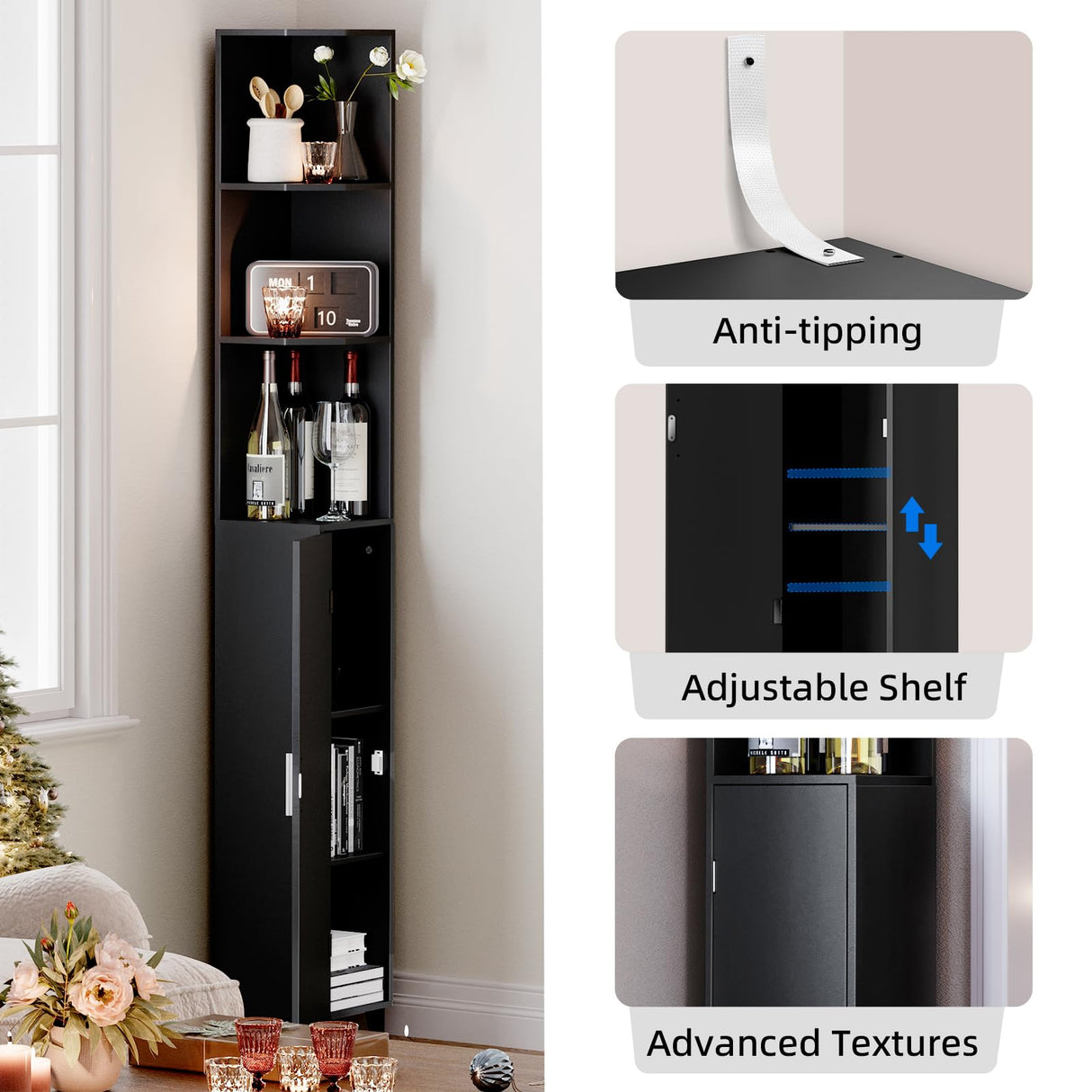 MOHOPE Corner Shelf with Cabinet, 74.8" Tall Corner Cabinet with Door, 5-Tier Narrow Bookshelf with Adjustable Shelves, Display Cabinet for Living Room, Bathroom, Dining Room, Small Space, Black MOHOPE