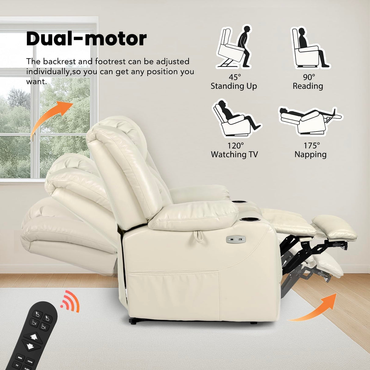 EONIX Dual Motor Oversized Power Lift Recliner Chair for Elderly, 400lbs Heavy Duty Faux Leather Recliner with Massage and Heat, Lay Flat Big and Tall Lift Chair with Cup Holders, Cream White EONIX
