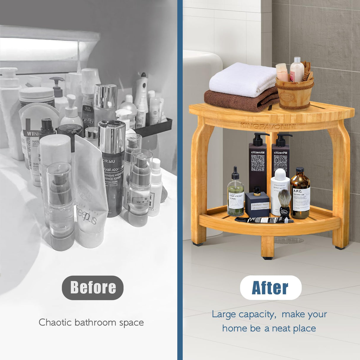 KingPavonini Bamboo Corner Shower Stool for Shaving Legs Foot Rest, Waterproof Bath Bench Seat with Storage Shelf for Bathroom Inside Shower, Hold Up to 450Lbs KingPavonini