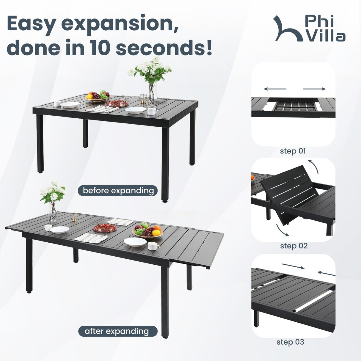 PHI VILLA 9 Piece Outdoor Patio Dining Set, 8 Swivel Outdoor Padded Chairs and 1 Extendable Large Patio Table, Outdoor Furniture Table and Chair Set for 6-8 Person (Blue) PHI VILLA