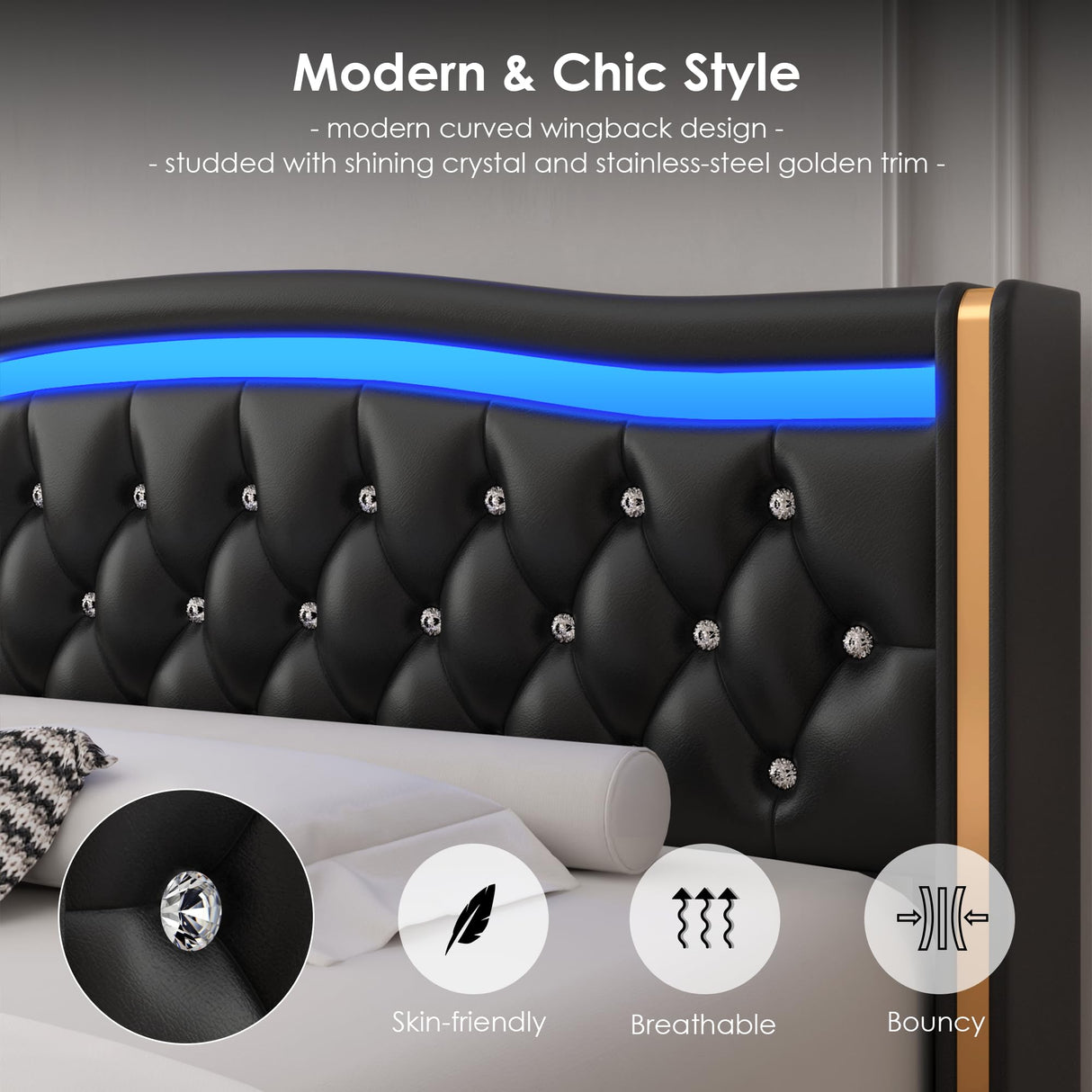 HIFIT King Smart LED Platform Bed Frame with 4 Storage Drawers & Wingback Headboard in Black HIFIT