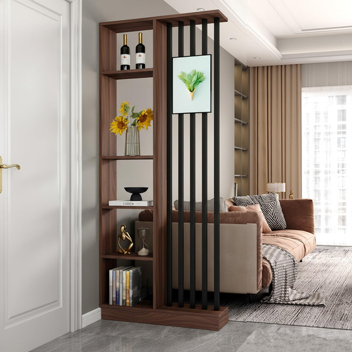 Floor to Ceiling Room Divider with Shelves – Freestanding Partition Screen, Industrial Style Room Divider Furniture for Bedroom, Office (Walnut, 31.5" L x 9.5" W x 79.5" H) GRGECXZ