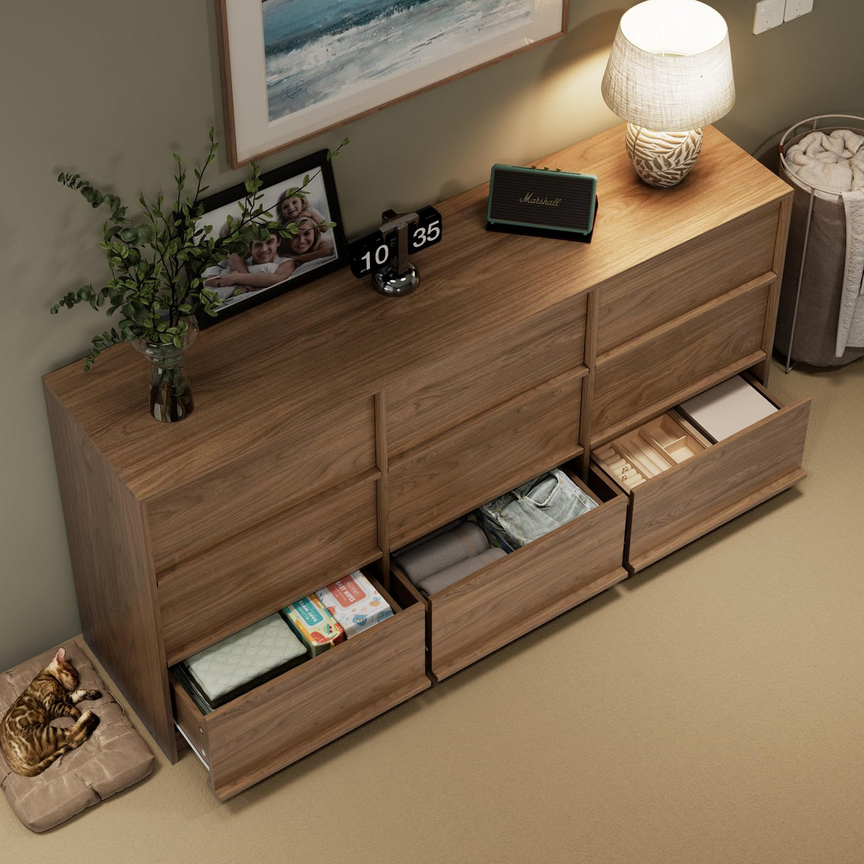 Jiaoun 63" W 9 Drawer Dressers for Bedroom, Modern Large Wood Dresser Chest of Drawers, Wide Dresser Organizer for Living Room, Hallway,Brown