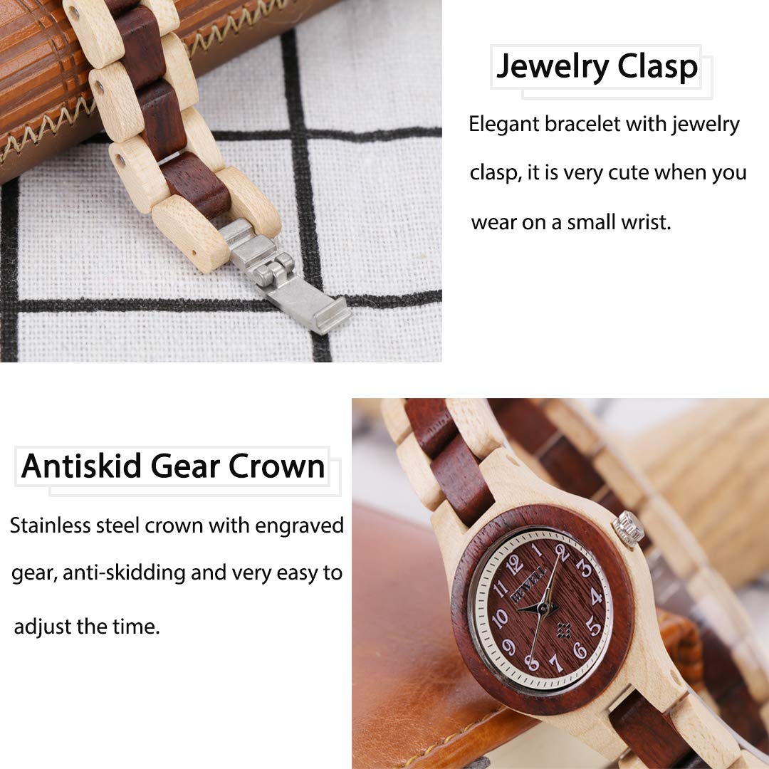 BEWELL Wood Watch Women Analog Quartz Handmade Lightweight Dress Wristwatches with Small Dial BEWELL