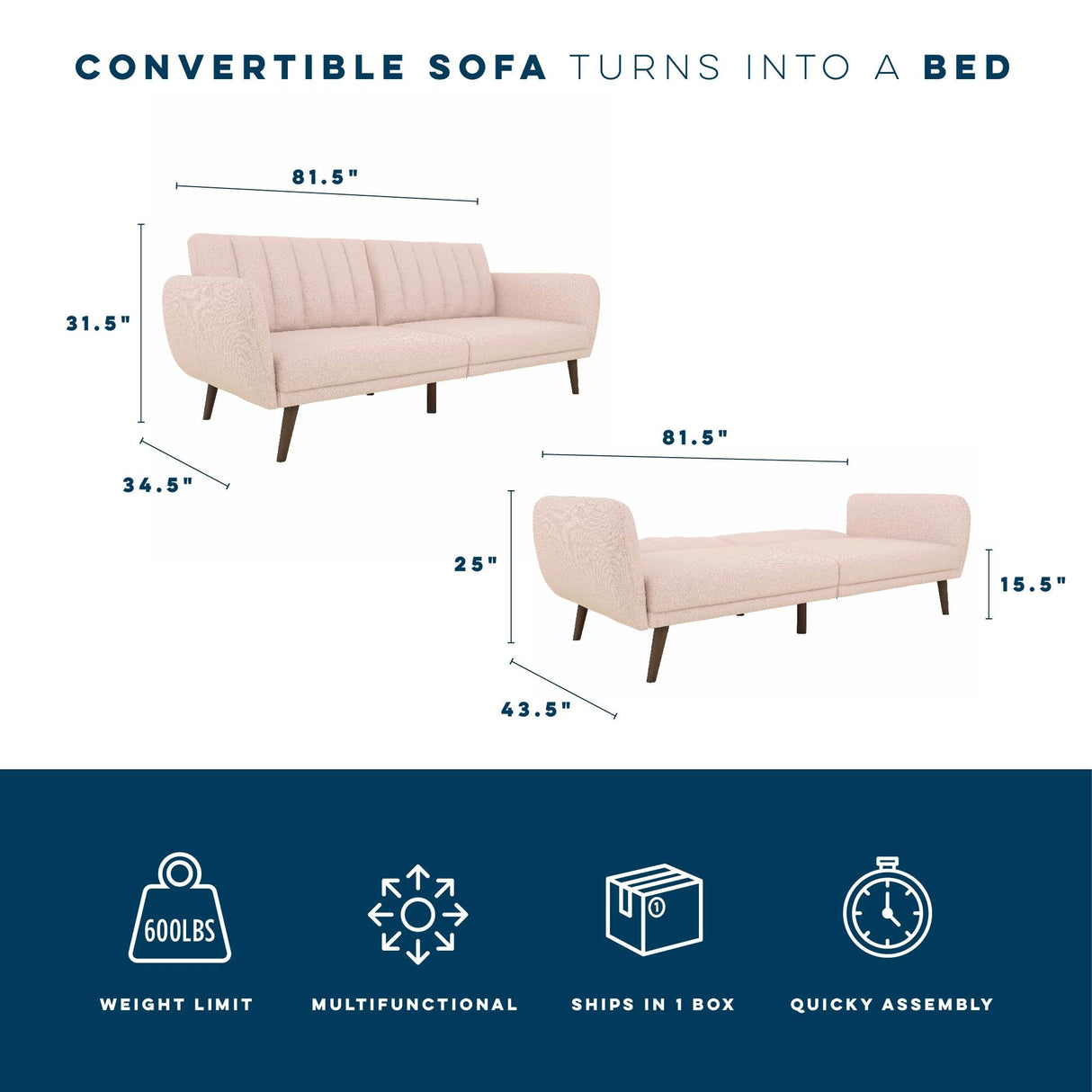 Novogratz Brittany 82 Inch Futon Sofa Bed in Faux Leather, Upholstered Couch Sleeper with Tufted Back, Mid-Century Modern Design, Pink Novogratz