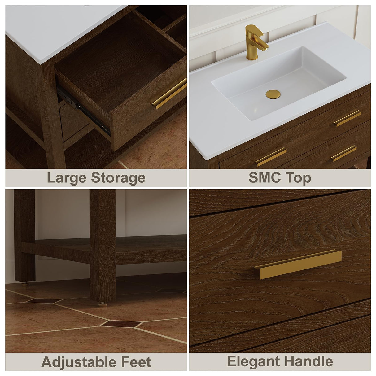 DELUXE LIVING 24 Inch Bathroom Vanity with Sink, Farmhouse Storage Cabinet with Drawers & Open Storage Shelf, Easy Assembly, Adjustable Feet, Walnut DELUXE LIVING