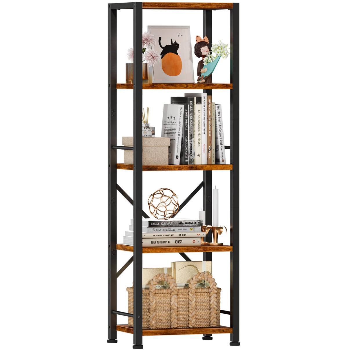 Furologee 5 Tier Tall Bookshelf, Rustic Narrow Bookcase, Display Standing Shelf Units, Metal and Wood Storage Shelves Organizer for Bedroom, Living Room, Home Office, Entryway, Kitchen, Rustic Brown Furologee