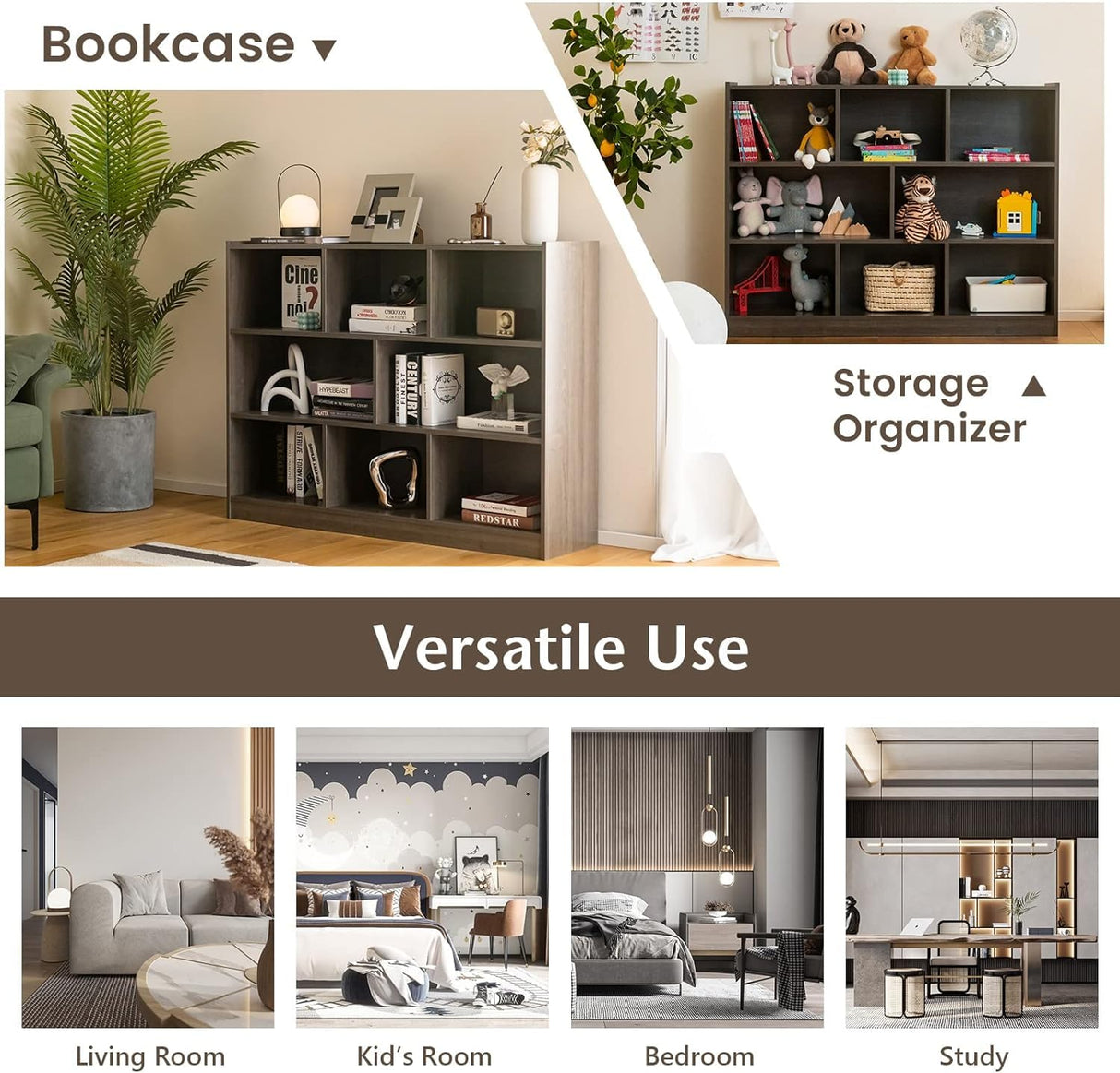 LDAILY 8 Cube Low Bookcase, 3 Shelf Horizontal Bookshelf, 3-Tier Storage Cabinet with Anti-Tipping Device, Modern Storage Shelves for Living Room, Classroom, Kids Room, Office (Gray) LDAILY