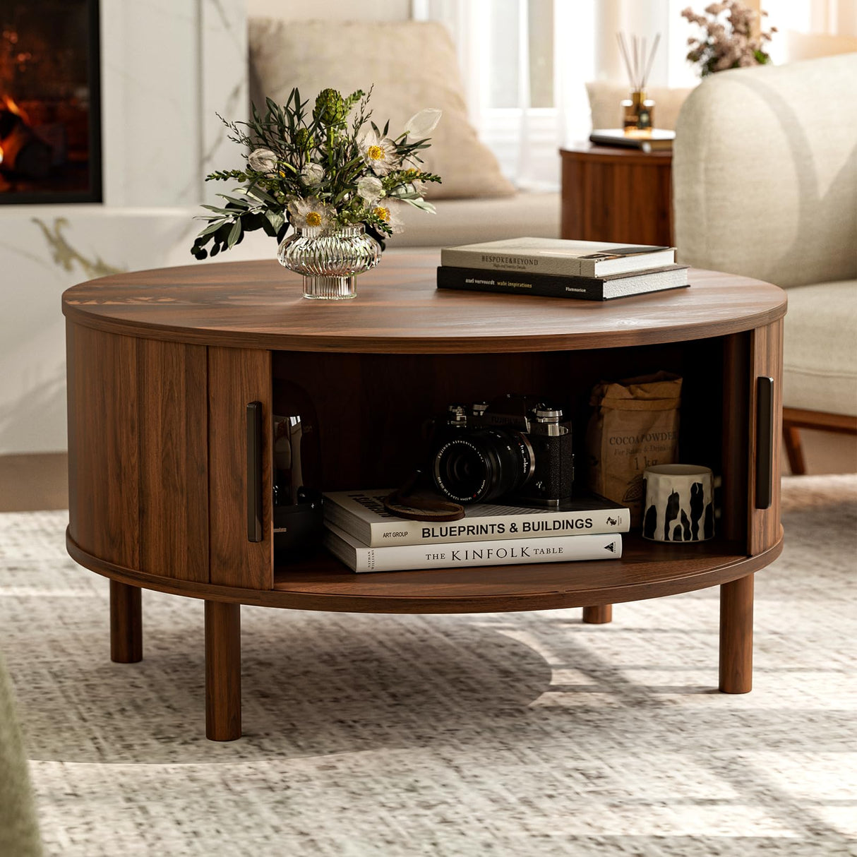 ZttRiee Coffee Table for Living Room, Modern Round Coffee Table with Cabinets & Sliding Doors, Home Small Space, 29.9" Fluted Center Table, Walnut ZttRiee