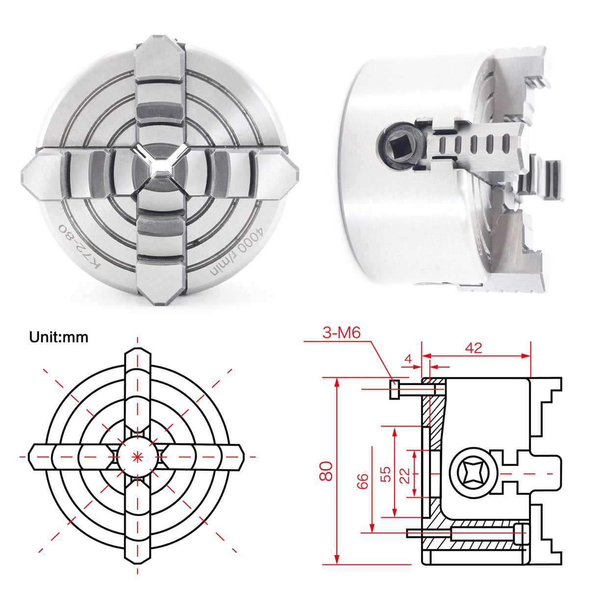 RATTMMOTOR 4-Jaw K72-80mm 3.15 Inch Independent Reversible Metal Lathe Chuck with Wrench for CNC Router, Lathe, Turning Machine RATTMMOTOR