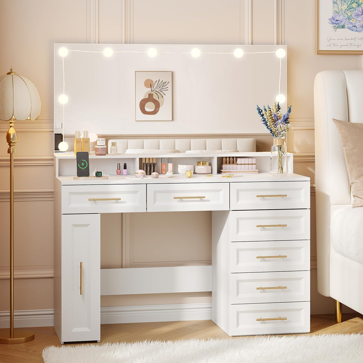 Vabches Large Makeup Vanity Desk, 47" White Vanity Table with Mirror and Lights, 3 Modes Adjustable Brightness and Jewelry Cabinet, Glass Top Vanity with Power Outlet and 7 Drawers for Bedroom Vabches
