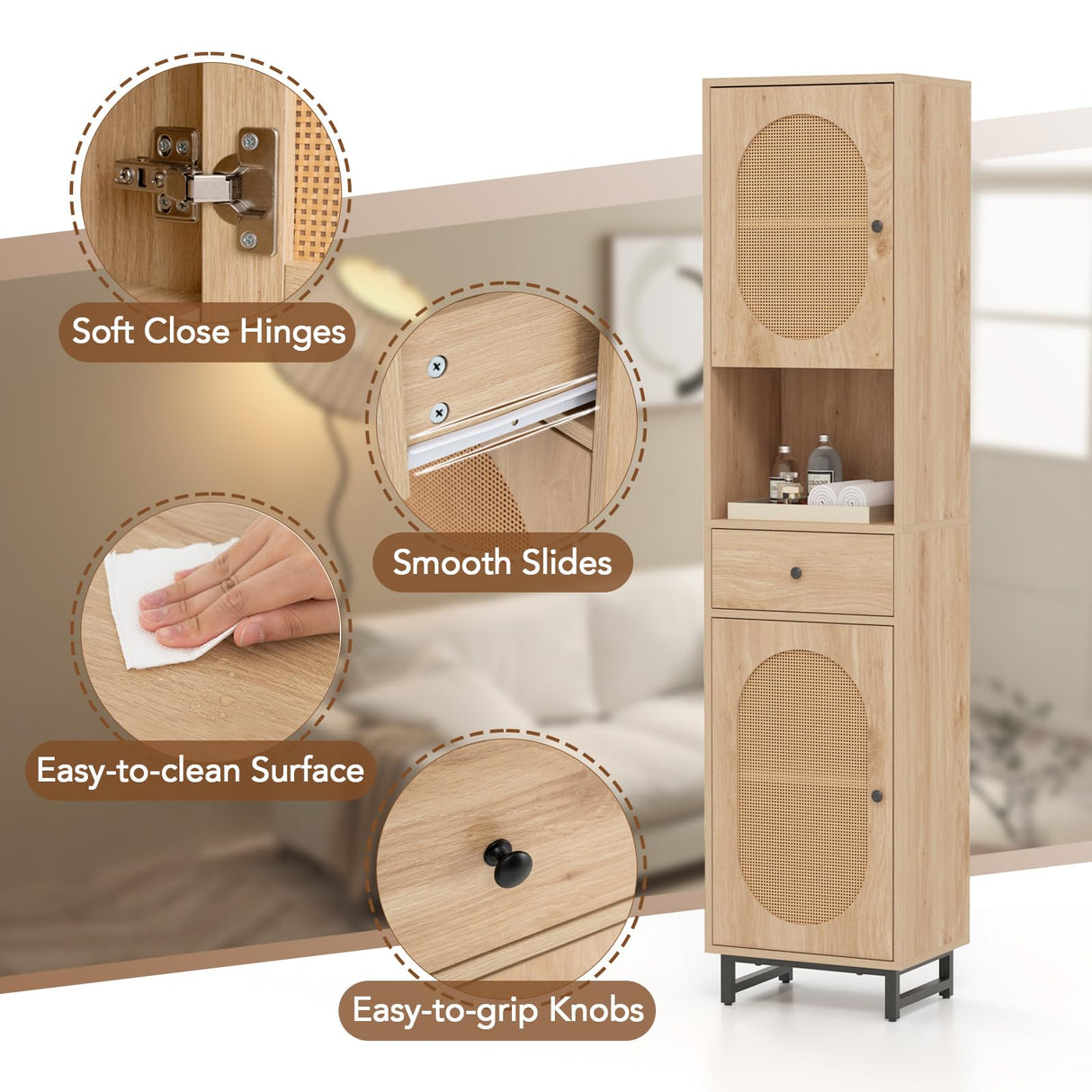 Giantex 67" Tall Bathroom Cabinet, PE Rattan Storage Cabinet with 2 Doors, Open Compartment & Drawer, Adjustable Shelves, Anti-toppling Device & Metal Legs, Floor Organizer for Living Room, Kitchen Giantex