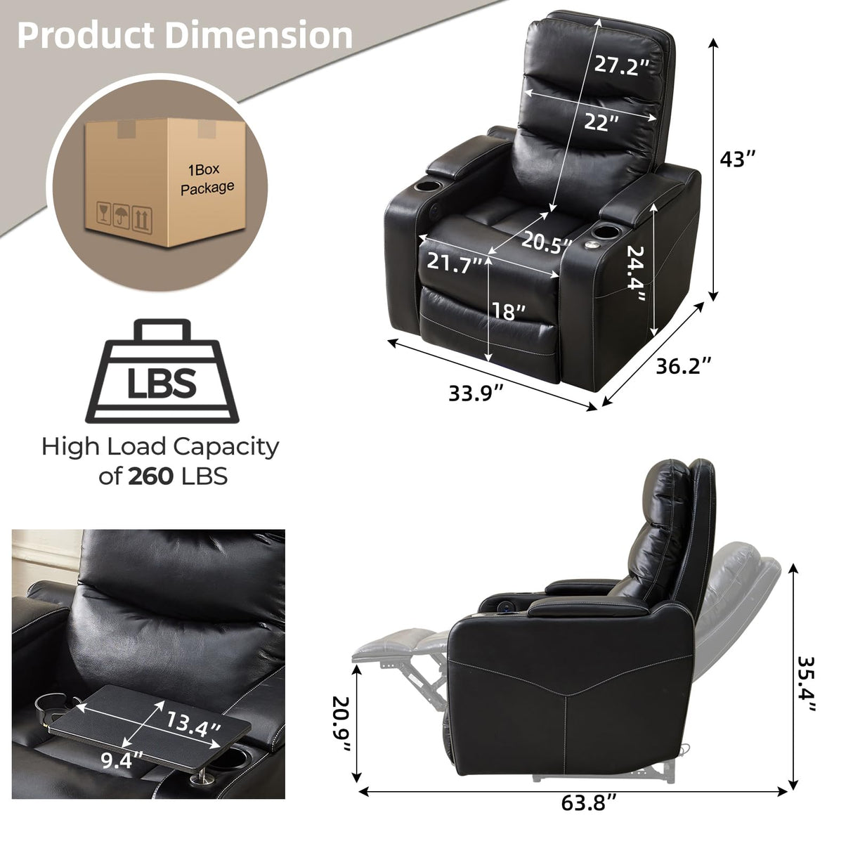 Electric Power Recliner Chair with LED Lights, Home Theater Seating with Swivel Tray Table, Faux Leather Recline Single Sofa Chair for Living Room with Hidden Arm Storage, Cup Holders, Black, 1 Piece Comfort Stretch