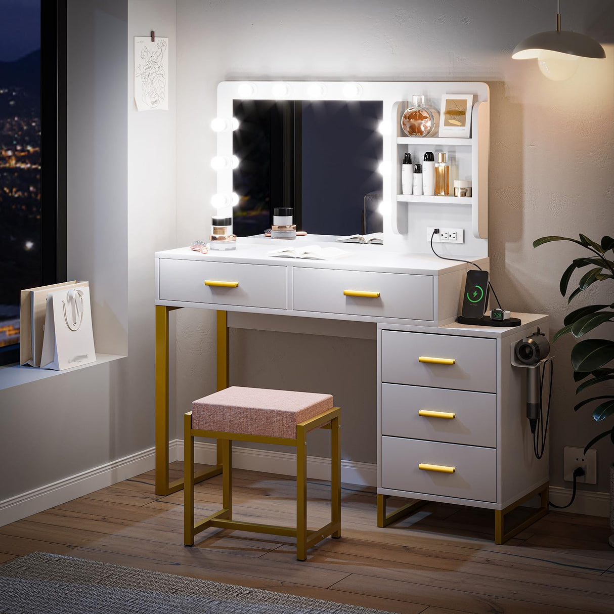 Semiocthome Makeup Vanity Desk with Mirror and Lights, Make Up Vanity Table Set with Power Outlet, Shelves and 5 Drawers, 3 Lighting Modes & Adjustable Brightness Dressing Table with Chair - White Semiocthome