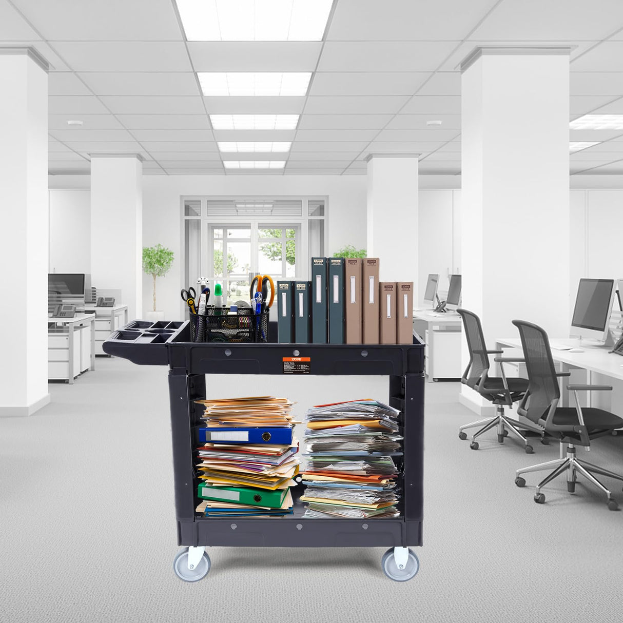 VEVOR Utility Service Cart, 2 Shelf 550LBS Heavy Duty Plastic Rolling Utility Cart with 360° Swivel Wheels, Medium Lipped Shelf, Ergonomic Storage VEVOR