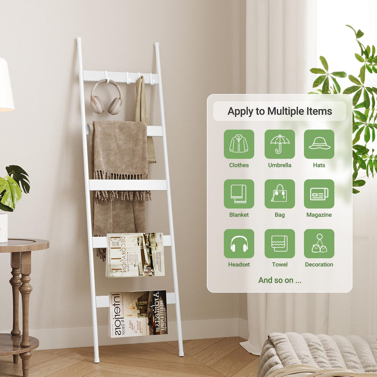 ELYKEN Blanket Ladder for Living Room, Farmhouse 5 -Tier Quilt Holder with 4 Removable Hooks for Bathroom, Wood Towel Rack Display, Wall Anchor Leaning Decorative Stand for Home Decor, White ELYKEN